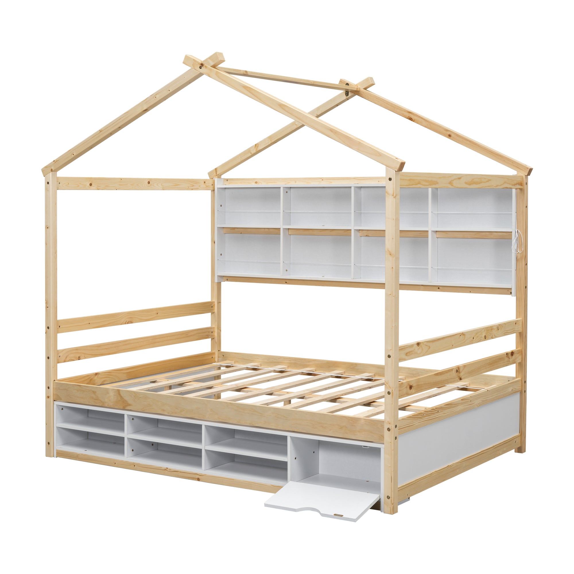 Full Size Bed with Roof, Bedside Shelves, and Under Bed Storage