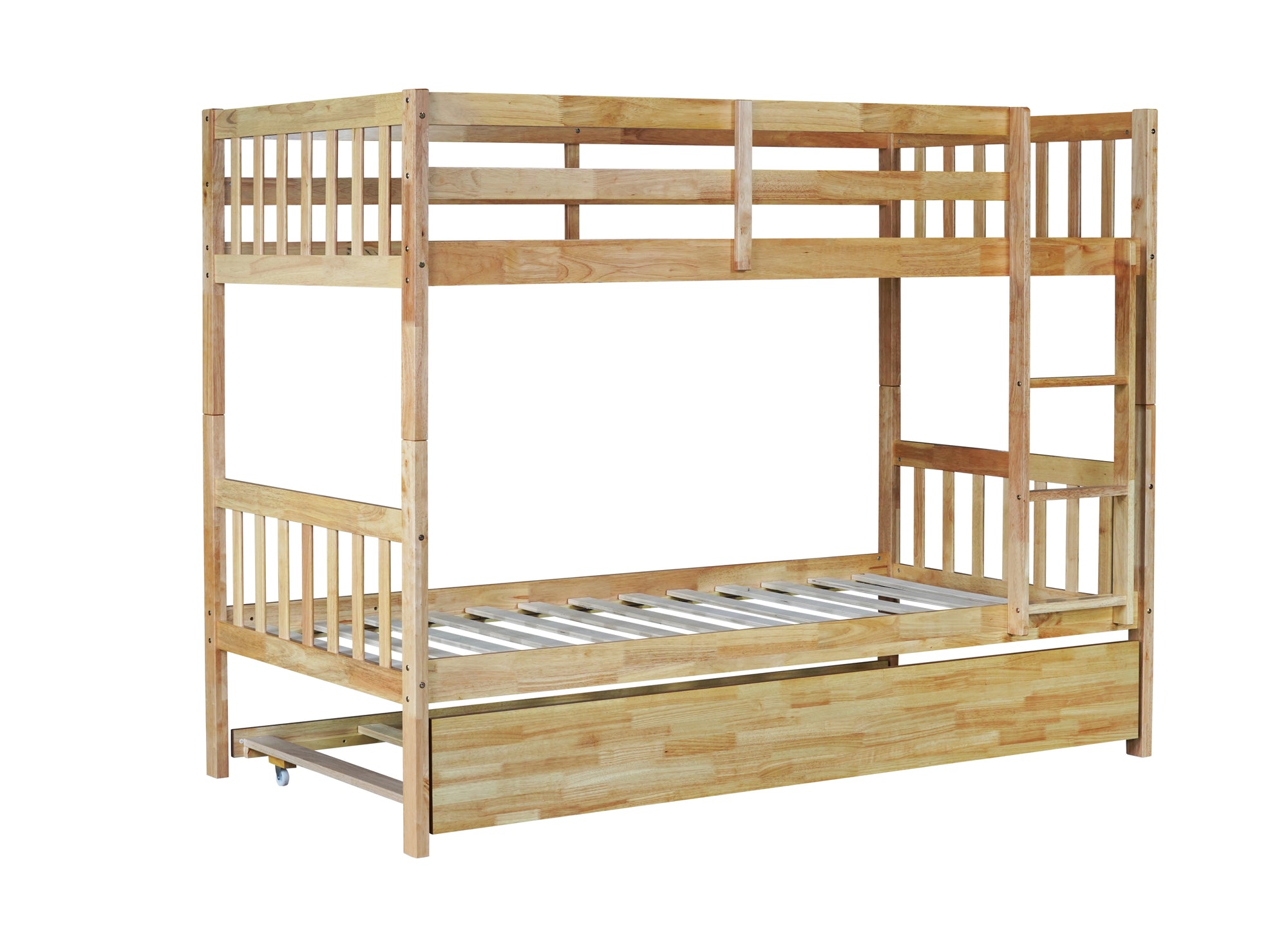 Twin Over Twin Rubberwood Bunk Bed with Trundle, Convertible Design in Natural Tones