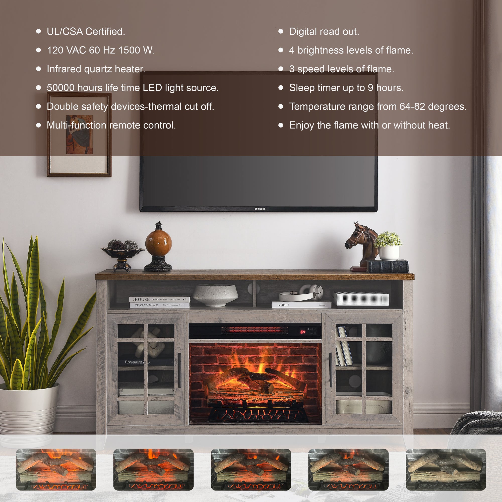 55 Inch TV Media Stand with Electric Fireplace Heater In Gray Wash Color