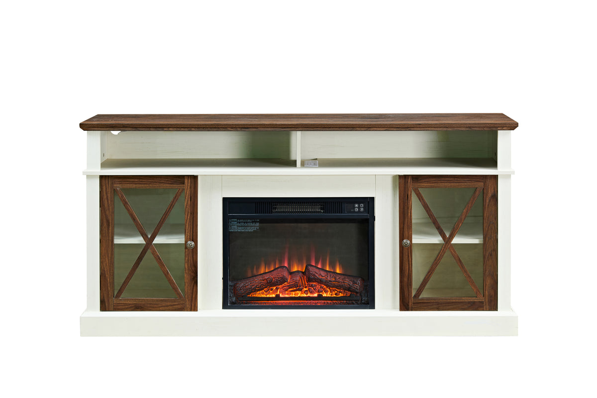 65" Walnut White Farmhouse Style TV Stand with 23" Fireplace for TVs up to 75"