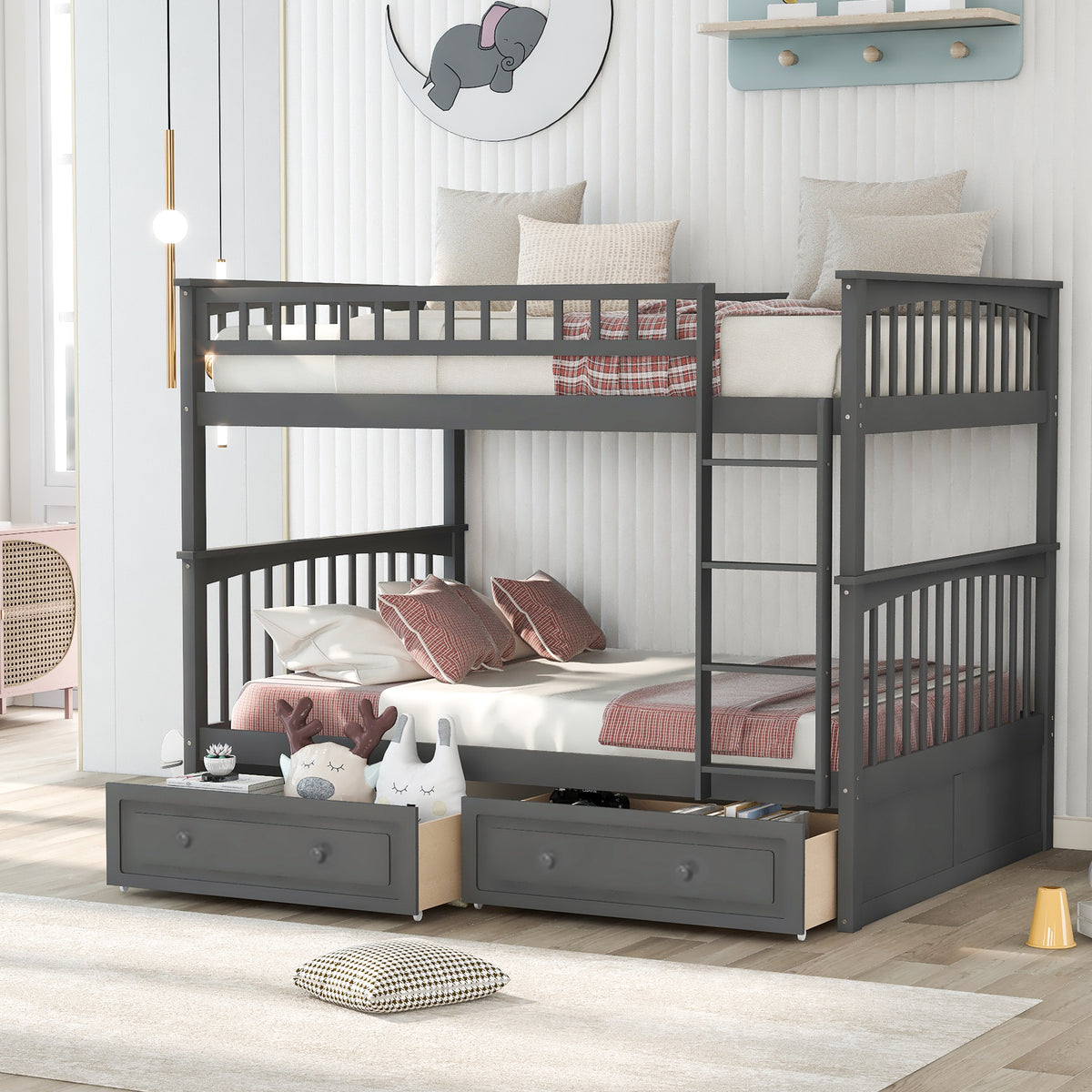 Full Over Full Bunk Bed with Drawers and Convertible Functionality Made of Pine Wood In Gray