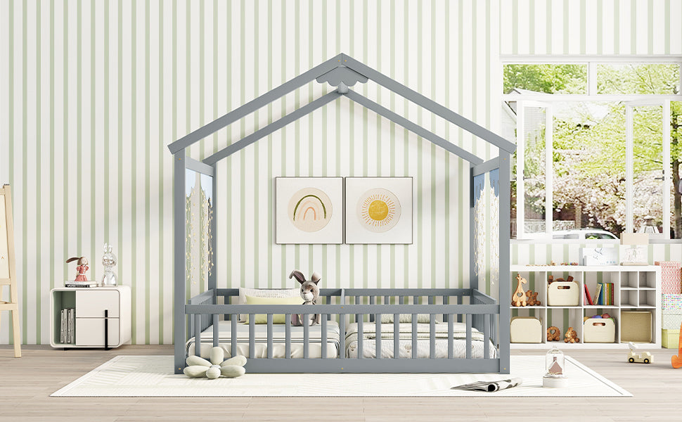 Gray Double Twin House-Style Toddler Floor Bed with Fence and Guardrails