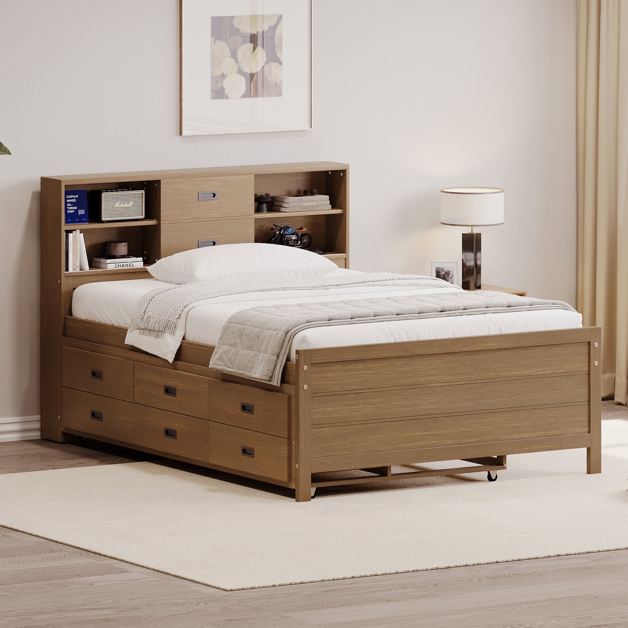 Walnut Twin Wooden Bed with Trundle, Drawers & Storage Headboard