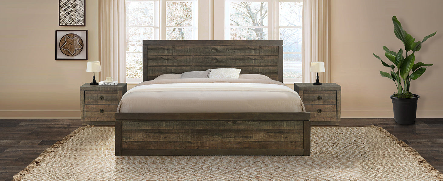 Farmhouse Style Pine Wood Platform King Bed in Rustic Brown