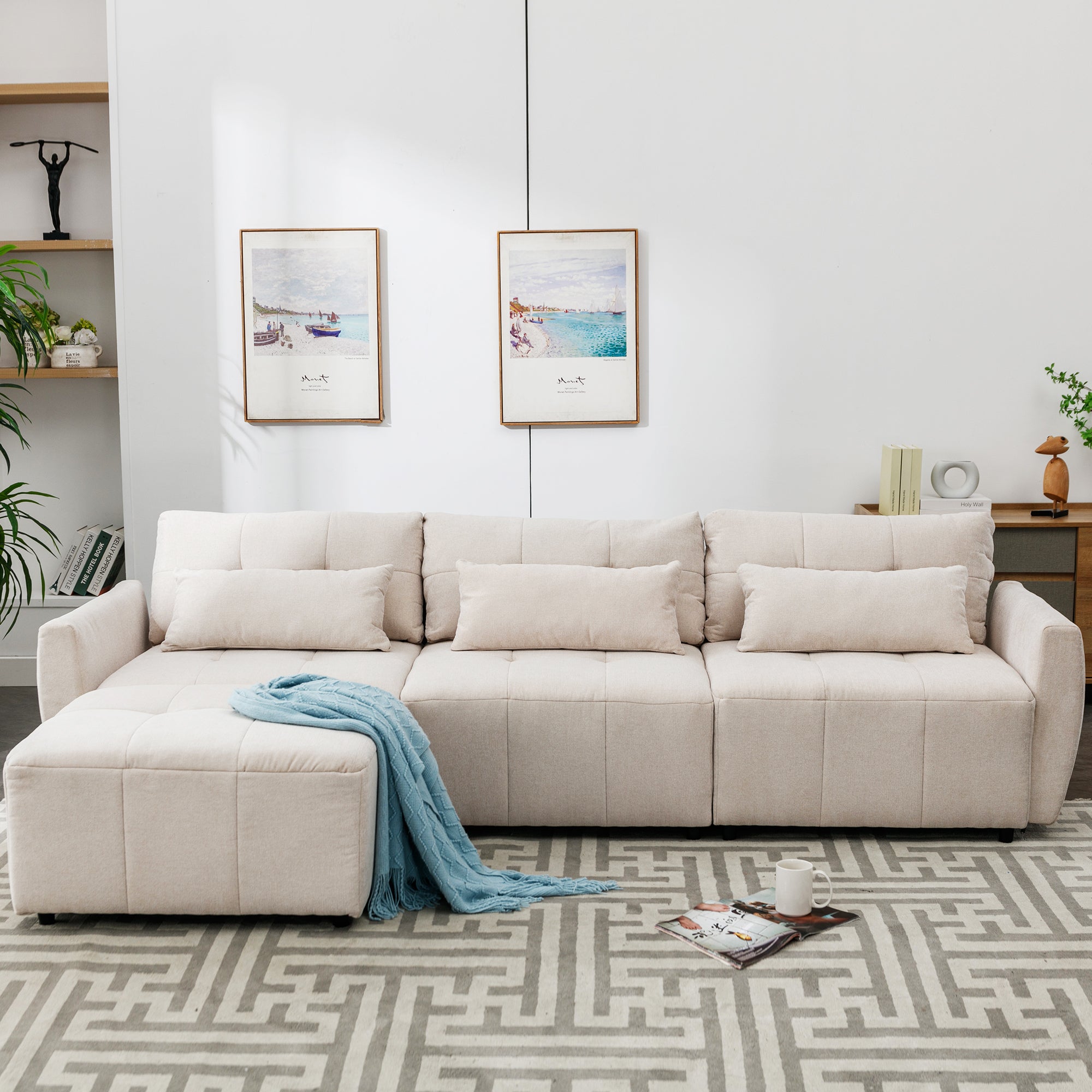 Khartoum Sectional Sofa with Movable Ottoman in Beige Chenille