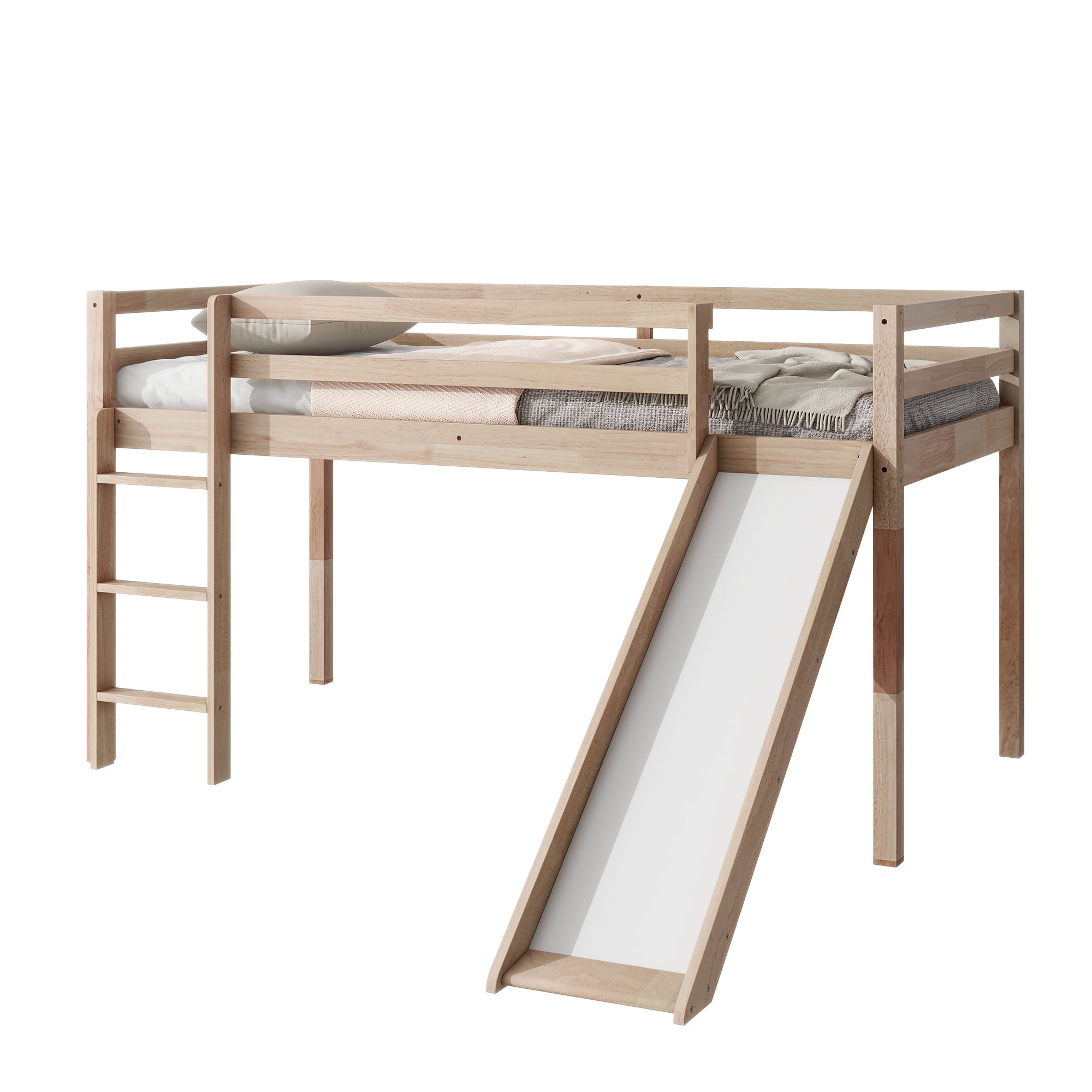 White Oak Twin Low Loft Bed with Slide and Ladder