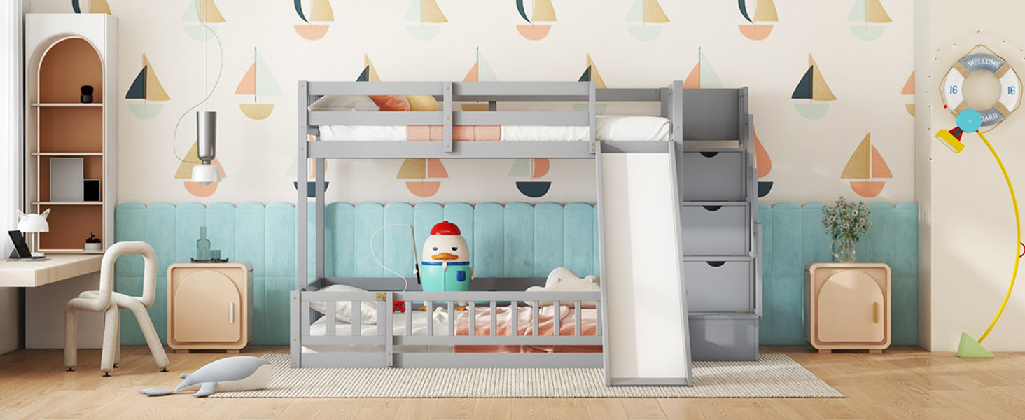 Twin Over Full Bunk Bed with Slide and Storage Staircase