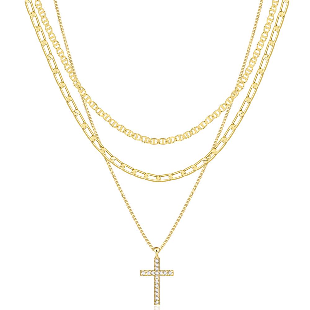 3pc 14k layered cross necklace stack