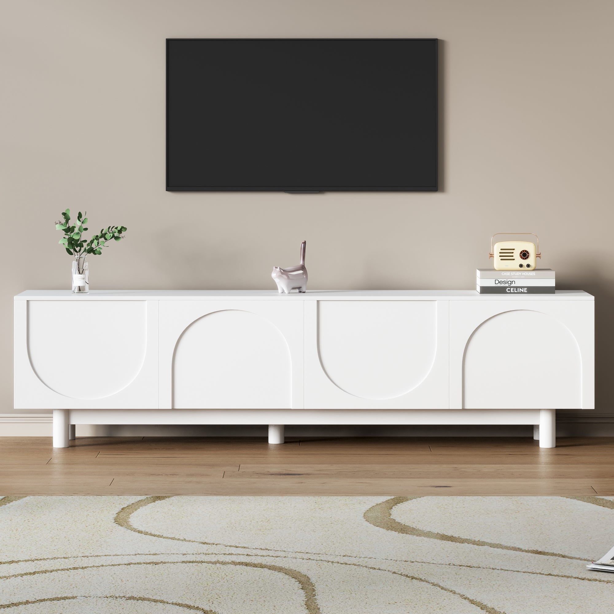 Graceful TV Stand with Arch Cabinets for TVs Up to 78 Inches, Minimalist Entertainment Center with Solid Wood Legs In White