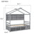 Gray Twin House Bed with Roof Frame, Bedside Shelves & Under-Bed Storage Unit