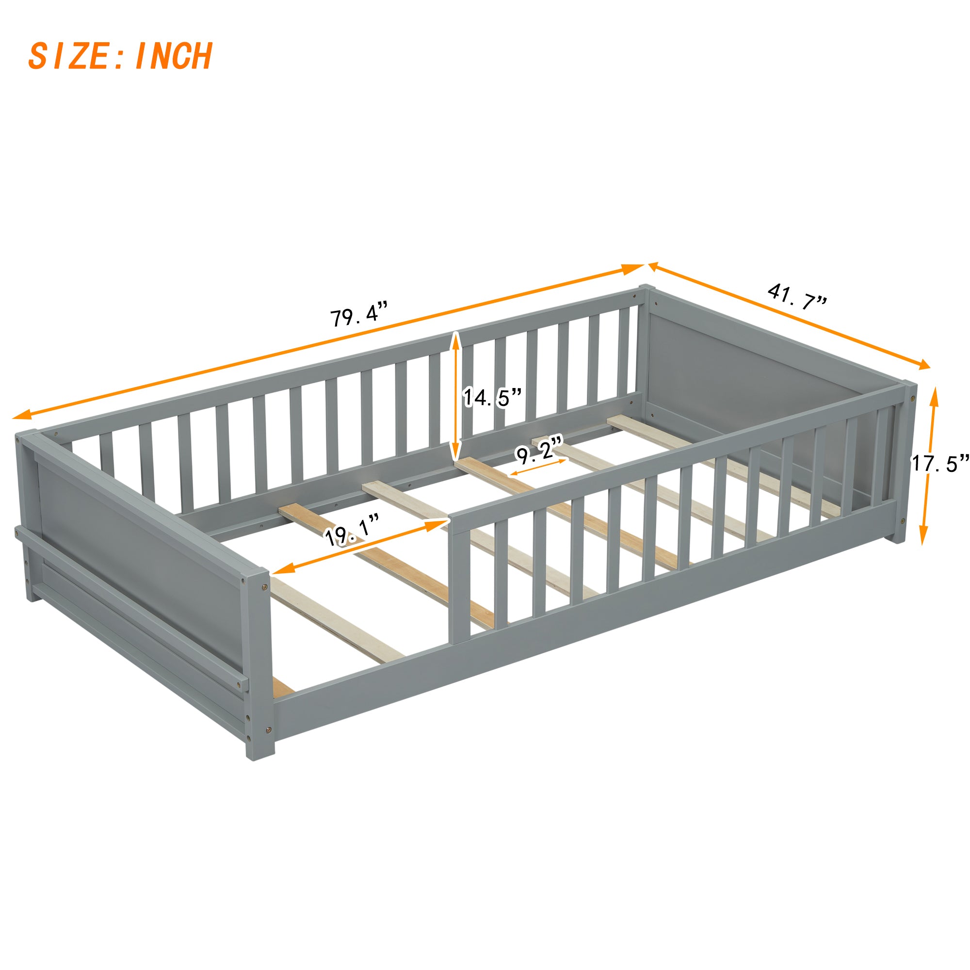 Gray Twin Toddler Floor Bed with Built-in Book Storage Rack