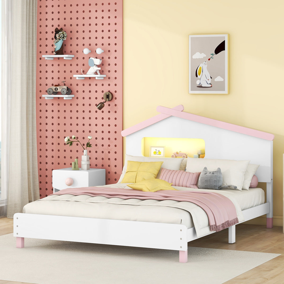 Full Size Wood Platform Bed with House Headboard and Night Lights In White Pink