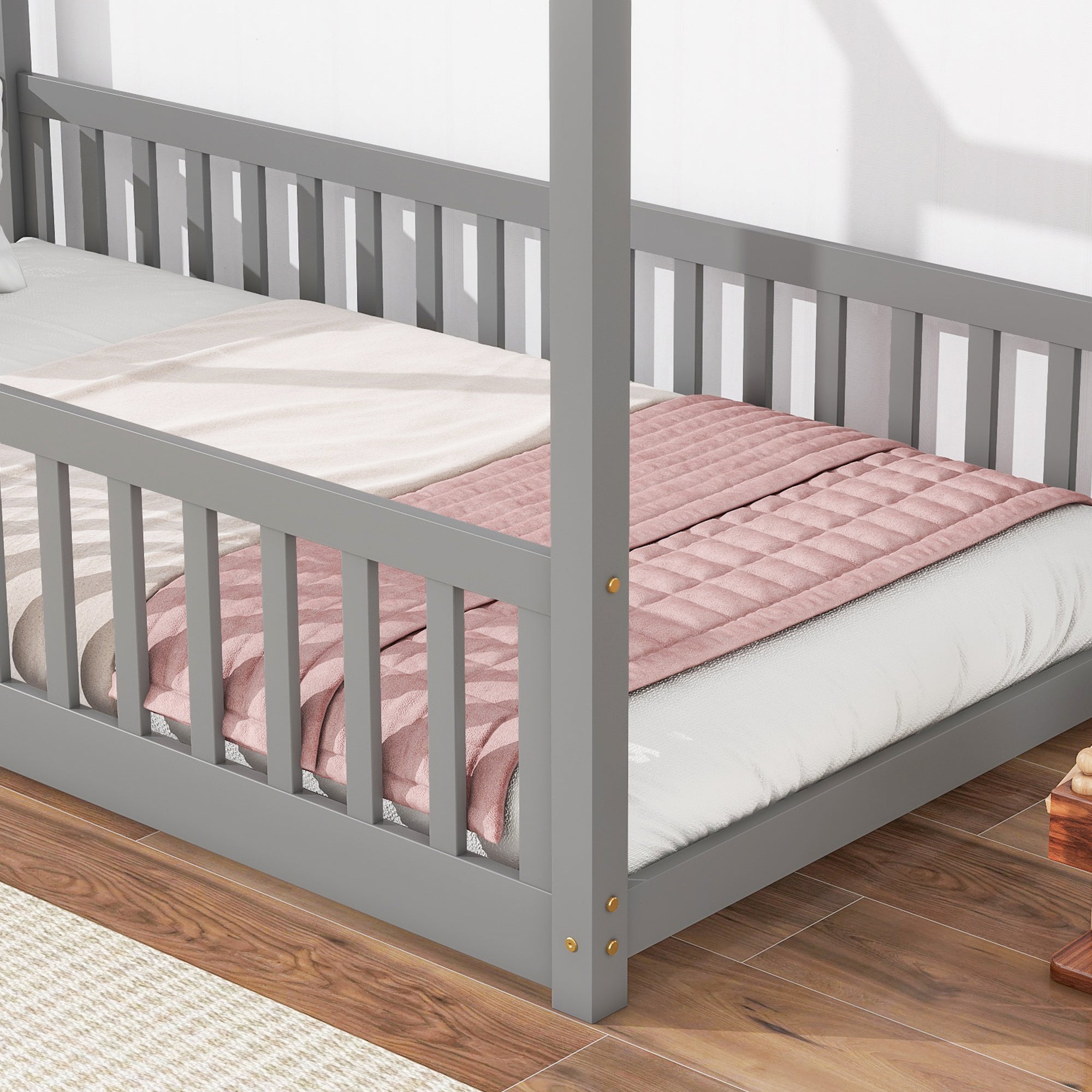 Gray Twin House Bed with Guardrails and Slats