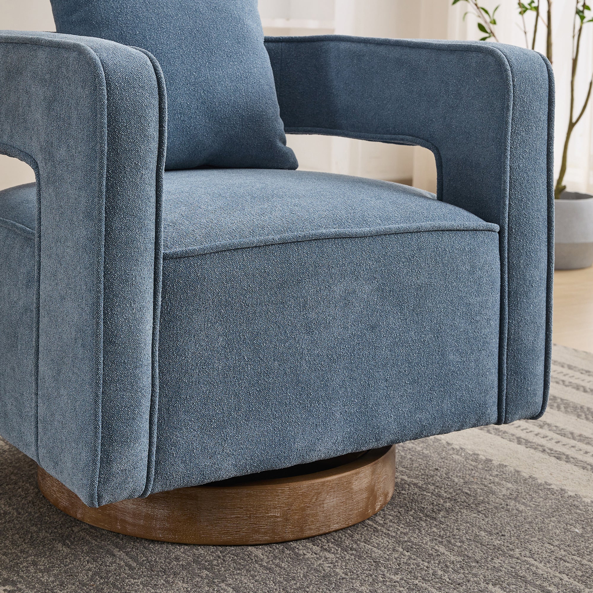 Open Back Blue Linen Blend Swivel Accent Chair With Weathered Base