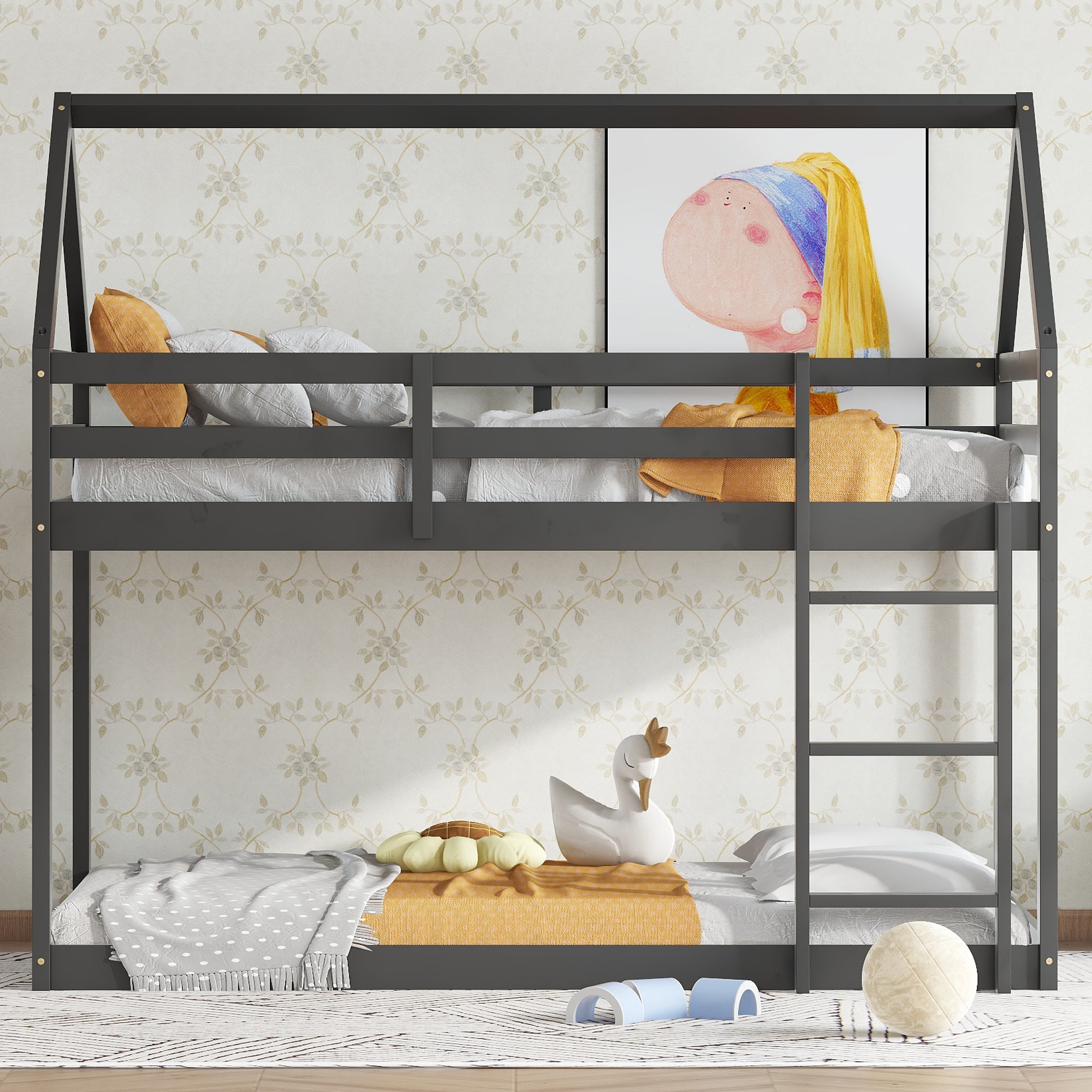 Black Twin Over Twin Rubber Wood Floor Bunk Bed