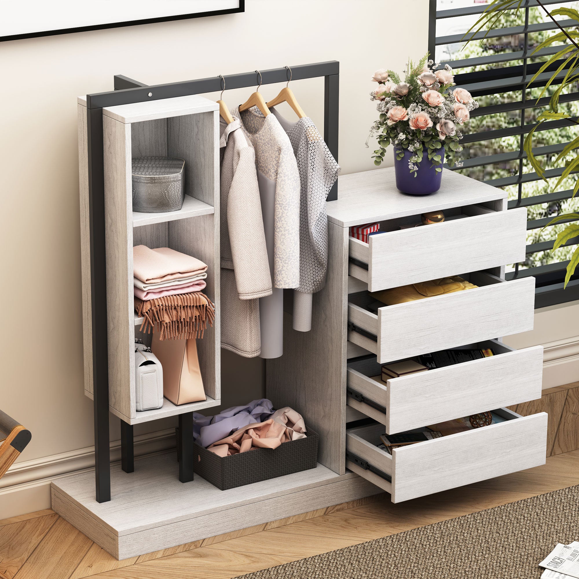 Wardrobe with 4 Drawers and 3 Shelves for Stylish Storage In White