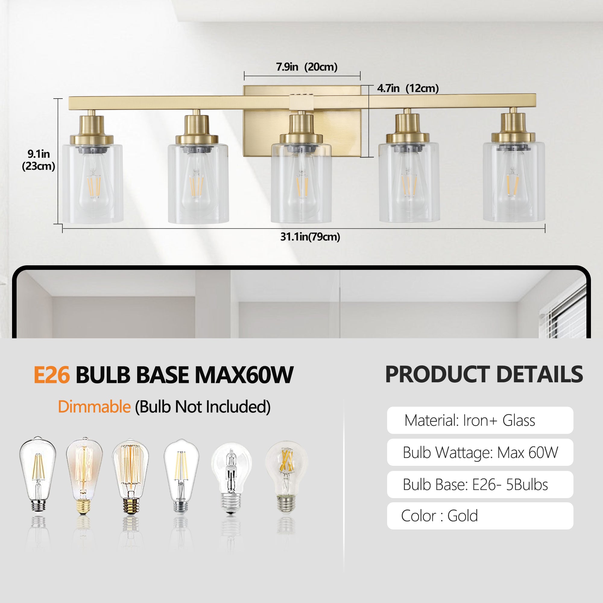 Modern Golden Iron Vanity Light with Clear Glass Shades