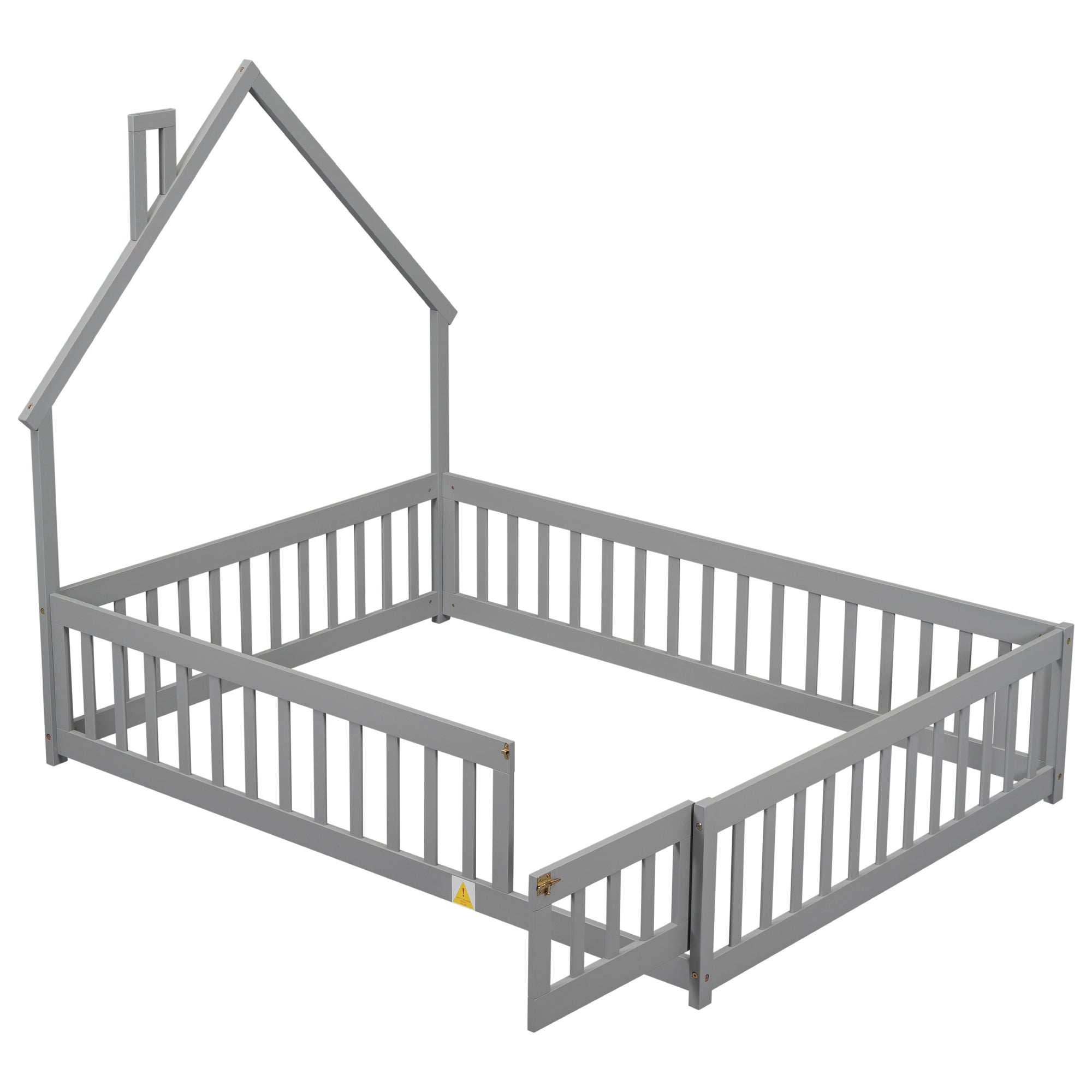 Gray Full House-Shaped Headboard Toddler Floor Bed with Fence