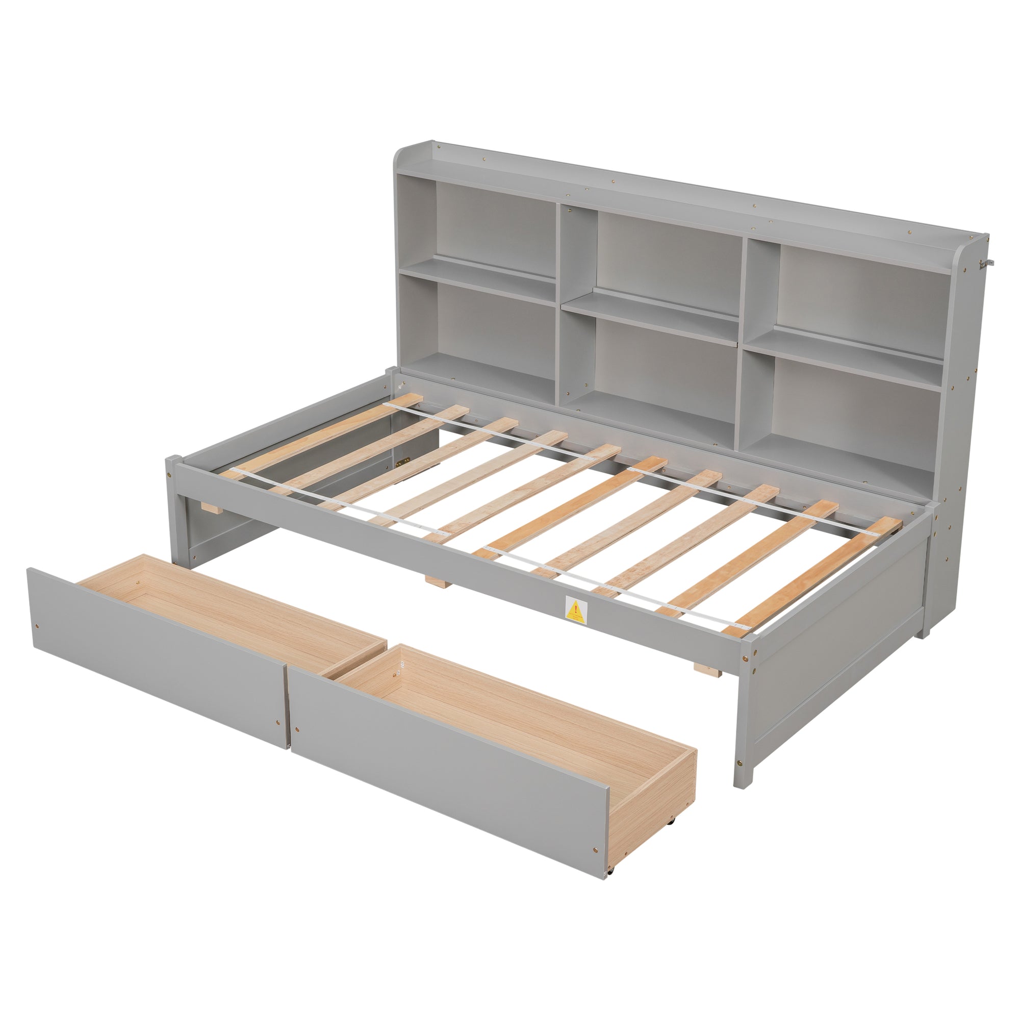 Twin Bed with Side Bookcase and Storage Drawers in Gray