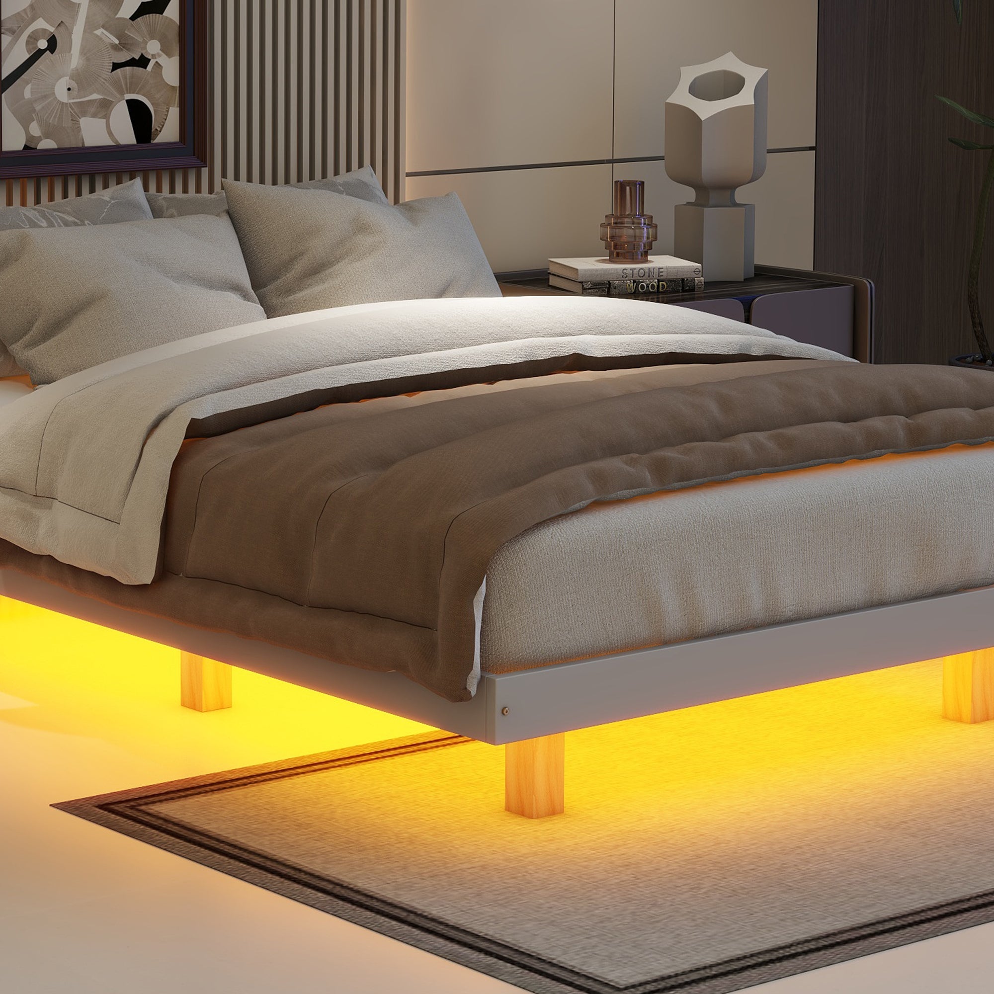 Gray Full Size Floating Bed with LED Lights Underneath