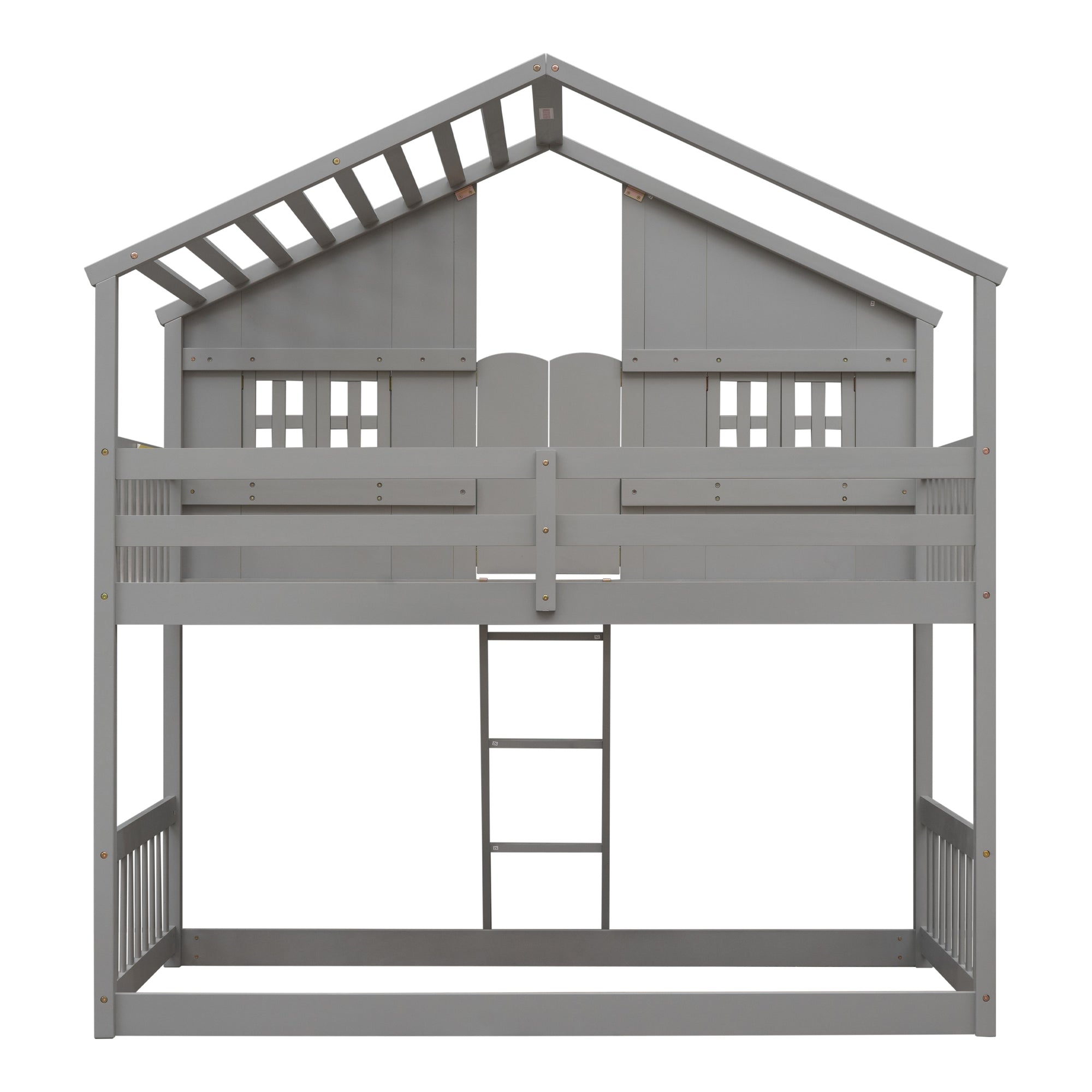 Gray Twin Over Twin House Bunk Bed with Roof, Windows, and Door