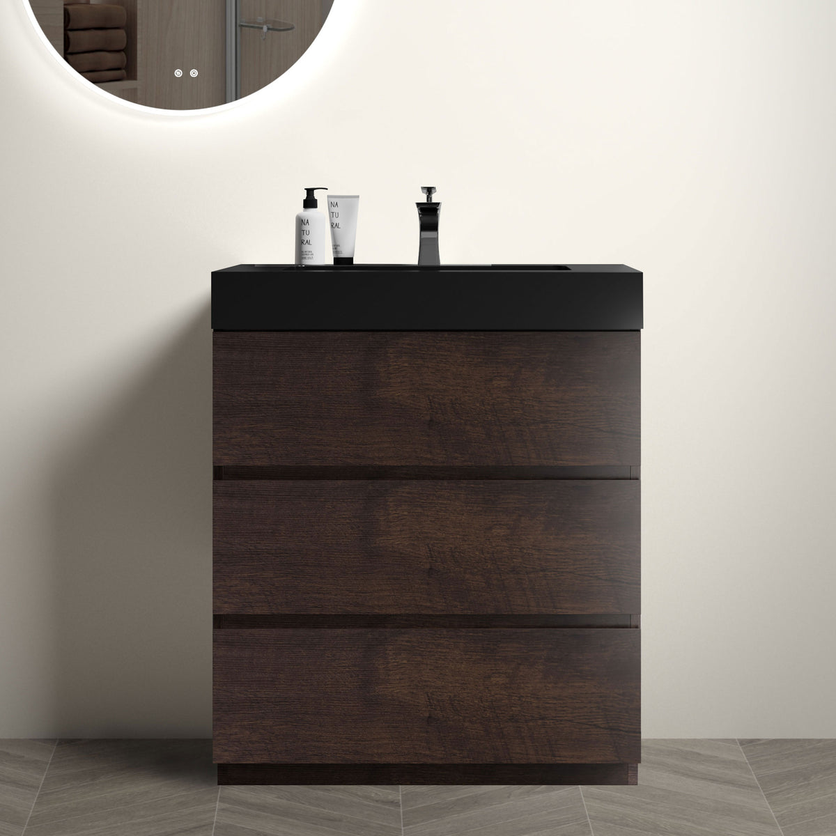 30&#39; Walnut Bathroom Vanity With Sink Large Storage Freestanding Design One-Piece Black Basin Pre-assembled In Walnut