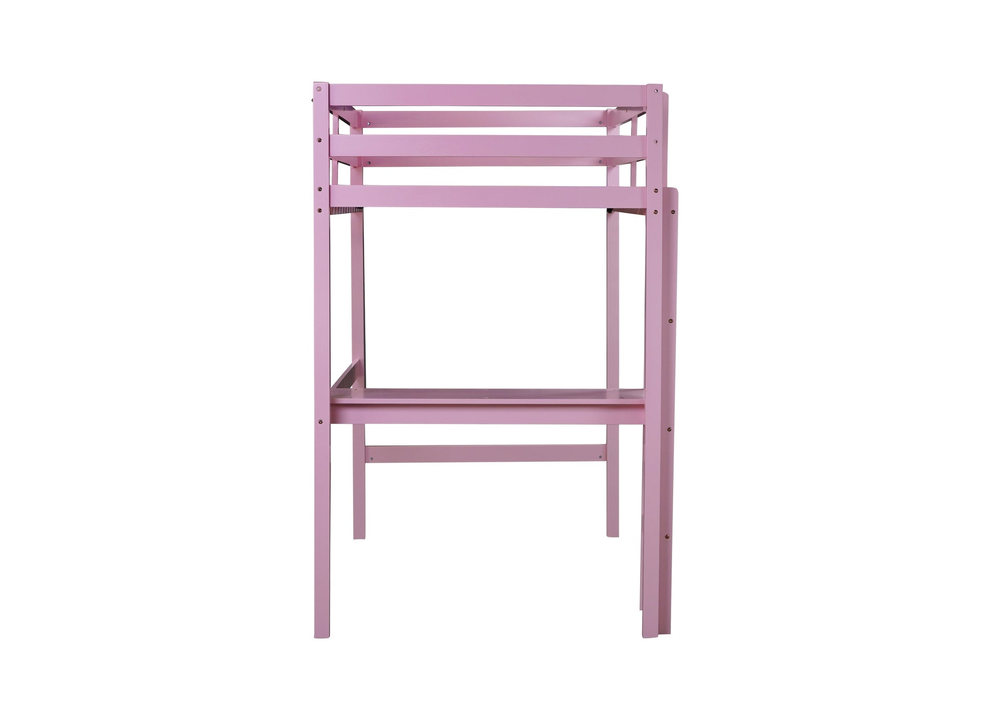 Pink Twin High Loft Bed with Built-in Desk, Rubber Wood Frame, and Safety Guardrail