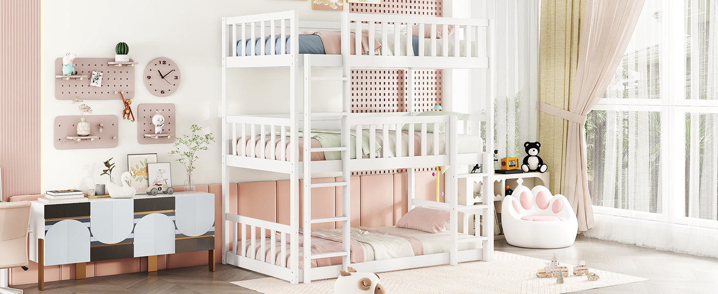 Detachable Twin Size Triple Bunk Bed with Ladders and Guardrails in White