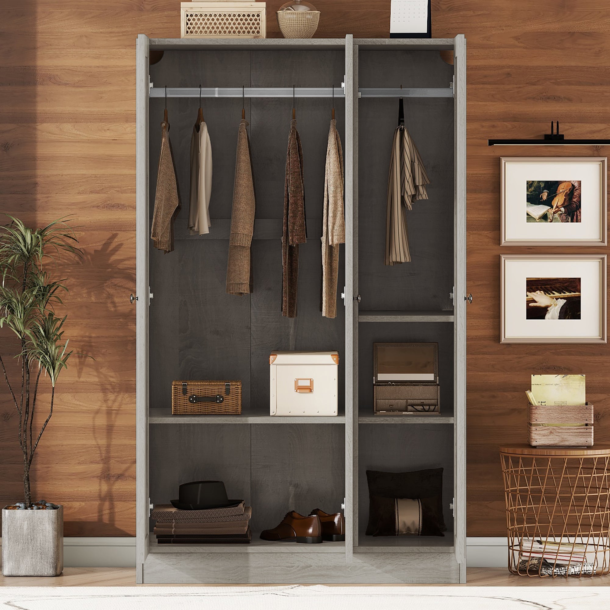 3-Door Shutter Wardrobe with Shelves Made of MDF in Gray