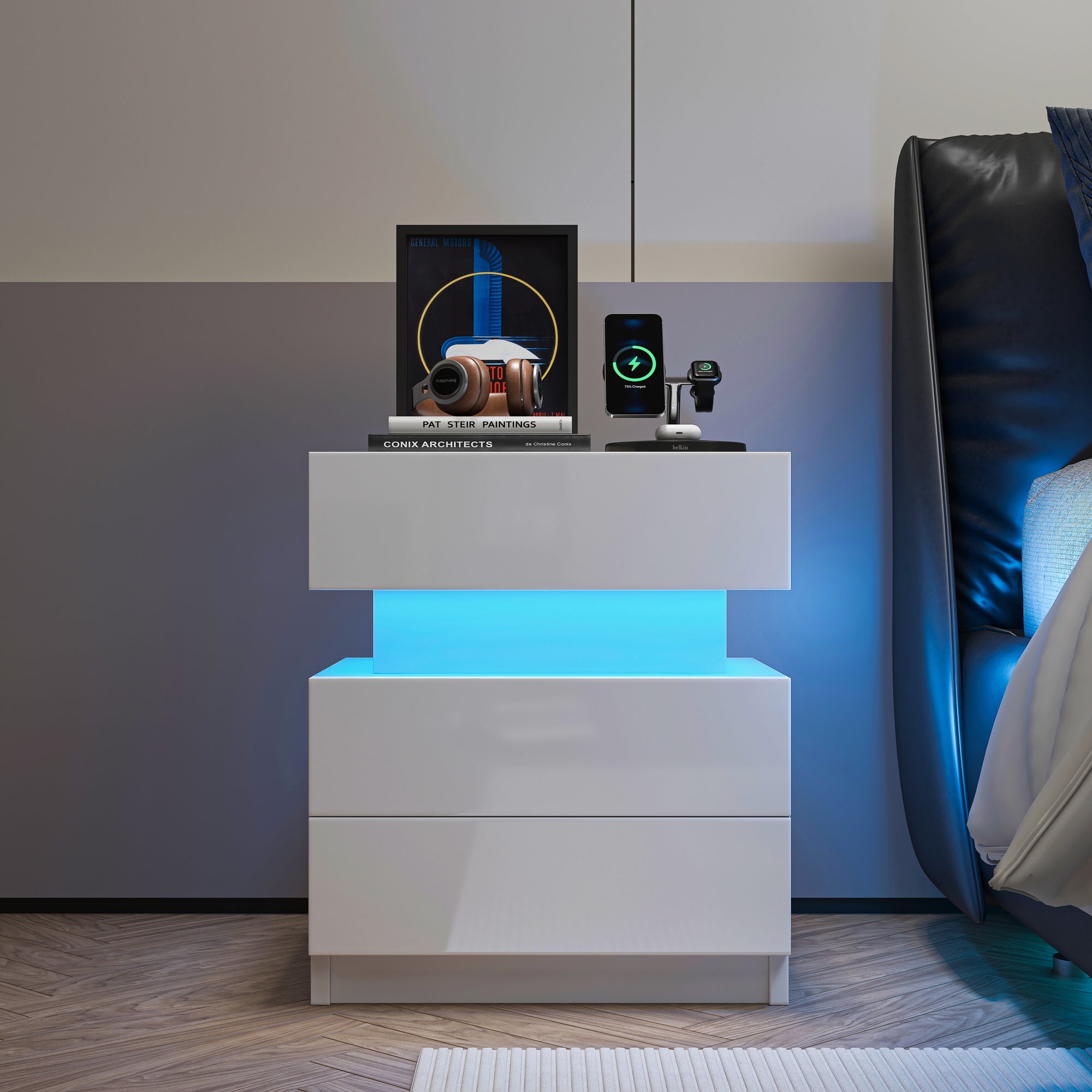 New LED Nightstand Modern White Bedside Table with 2 High Gloss Drawers and Remote Control LED Lights In White