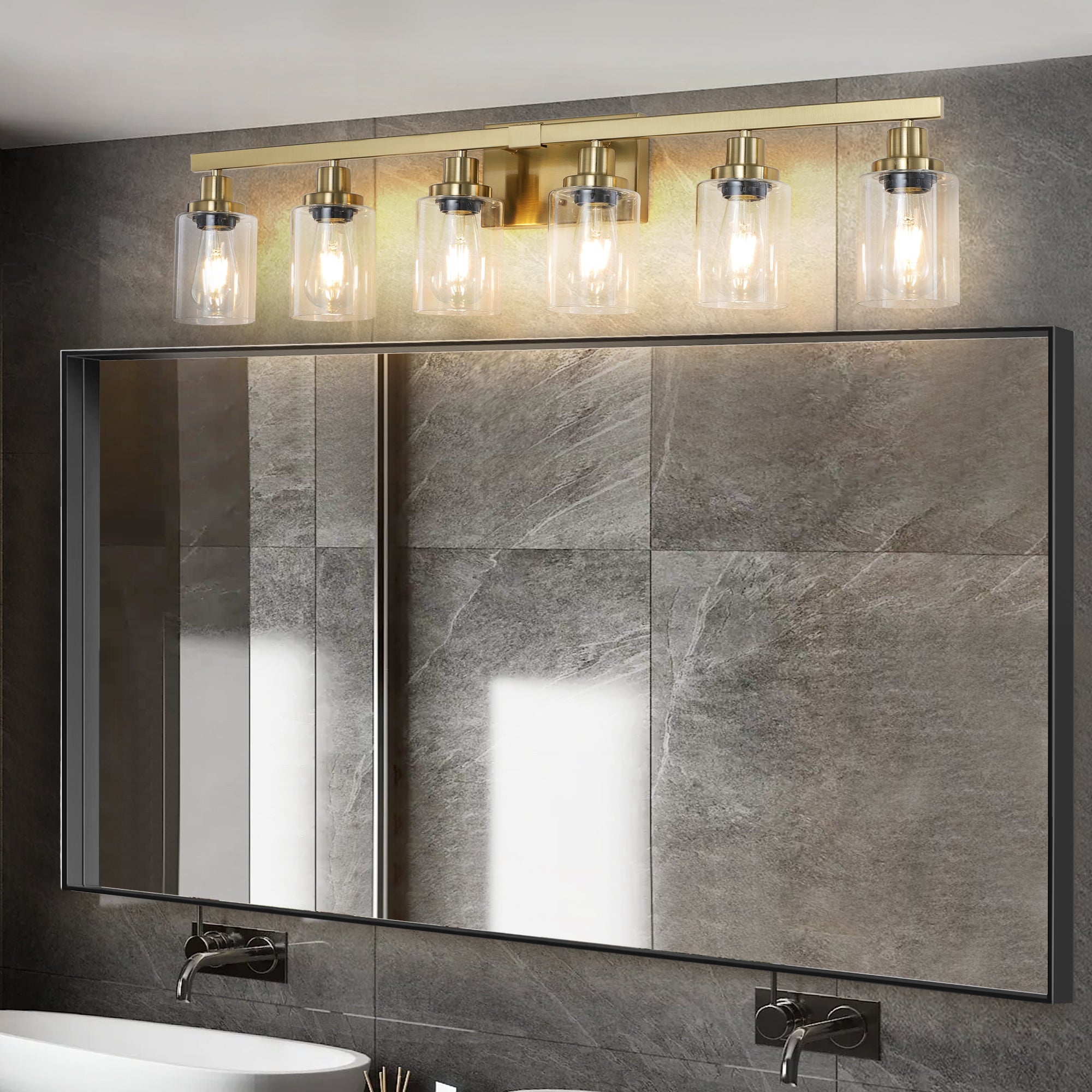 Golden 6-Light Vanity Light with Clear Glass Shades