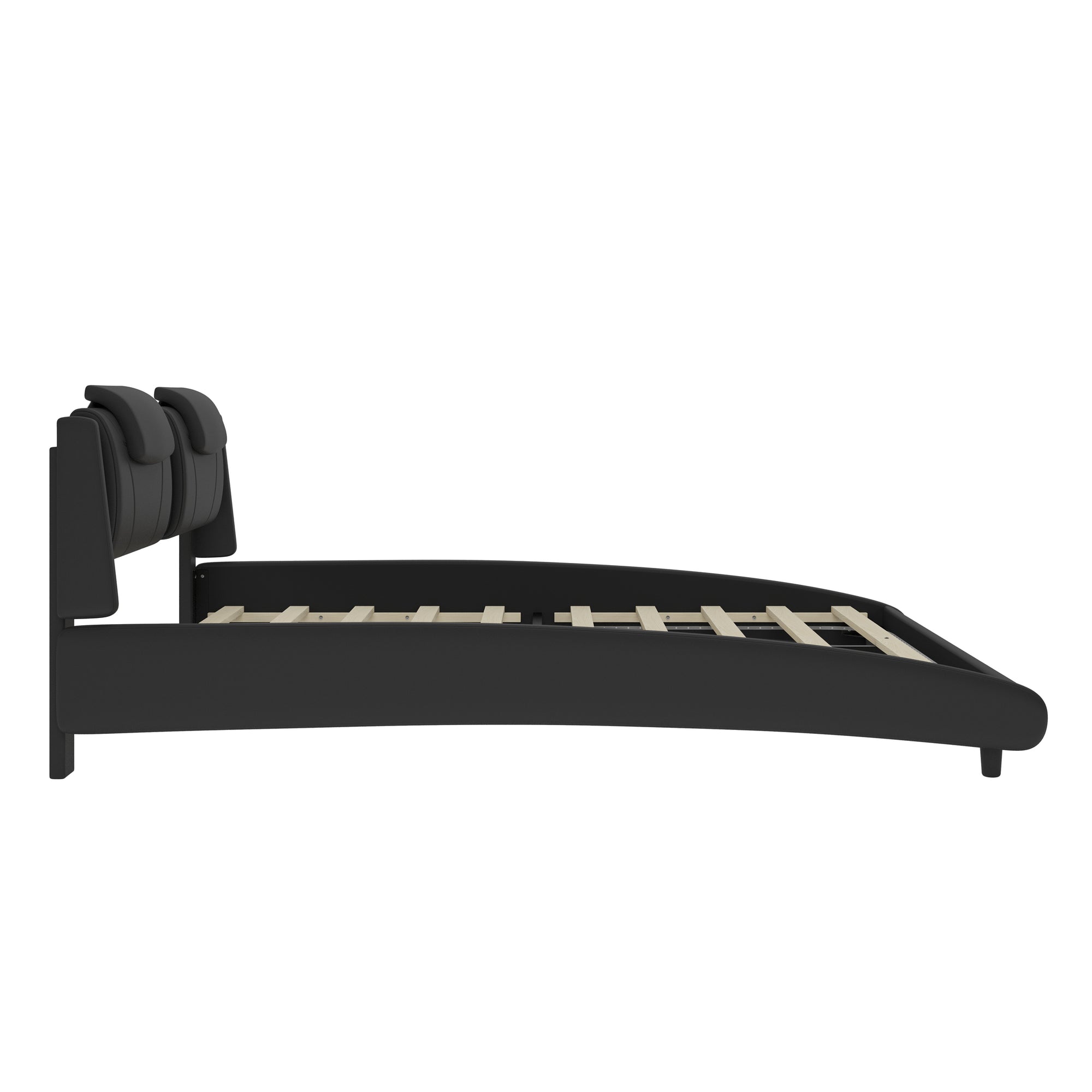 King Faux Leather Wave-Like Curved Bed Frame in Black With LED Lighting