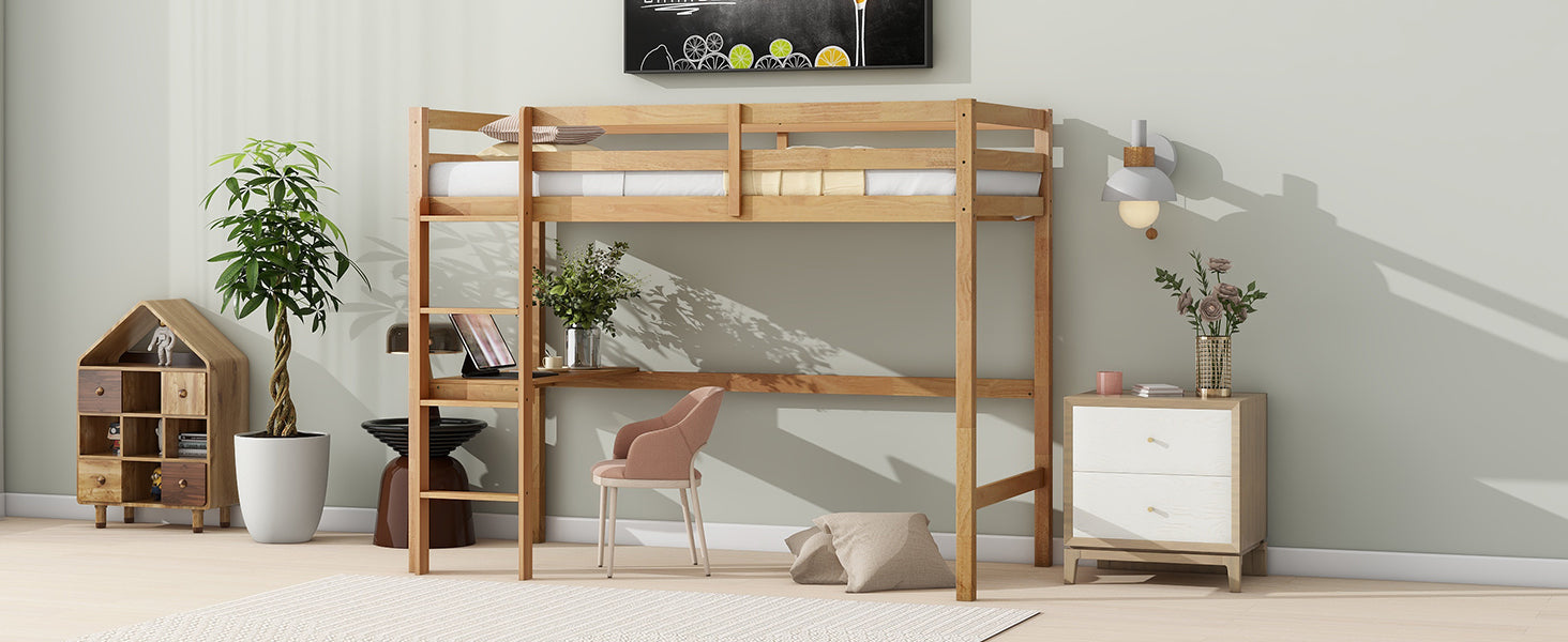 White Oak Twin High Loft Bed with Desk, Rubber Wood Frame