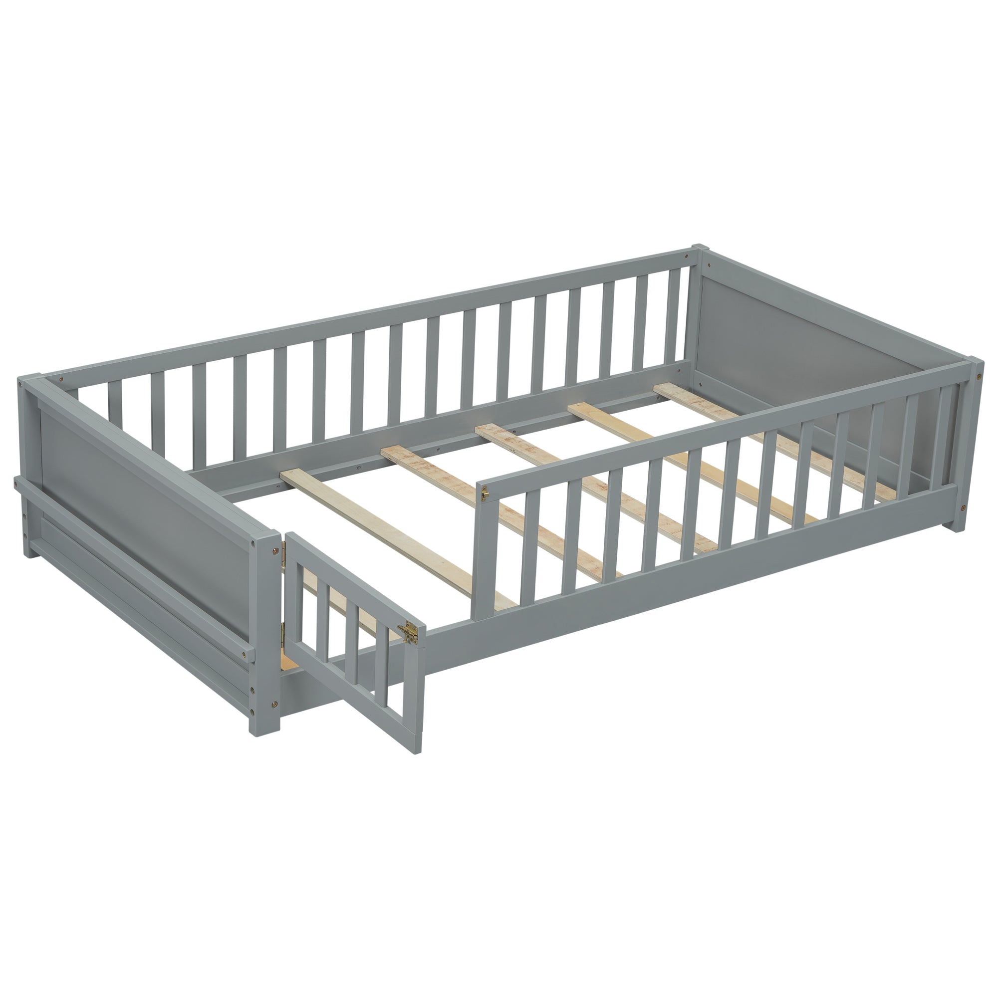 Gray Twin-Size Toddler Floor Platform Bed with Built-in Book Storage and Safety Guardrails