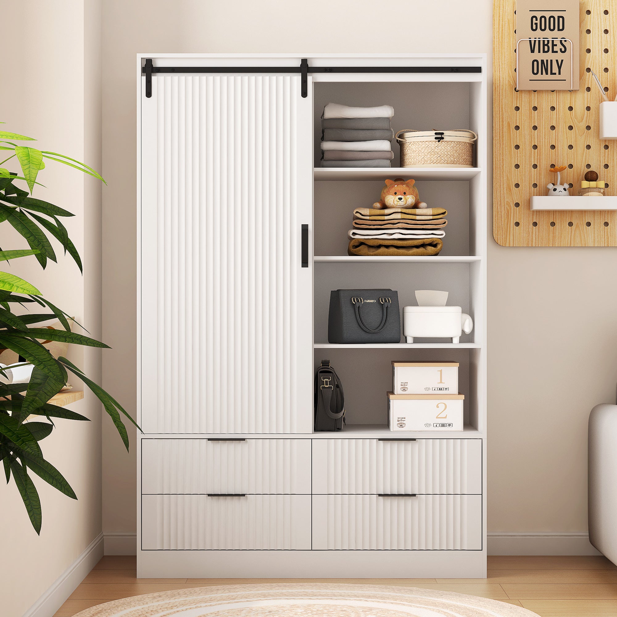 Tall Bedroom Armoire Wardrobe Closet with Barn Door Drawers Open Shelves Made of MDF In White