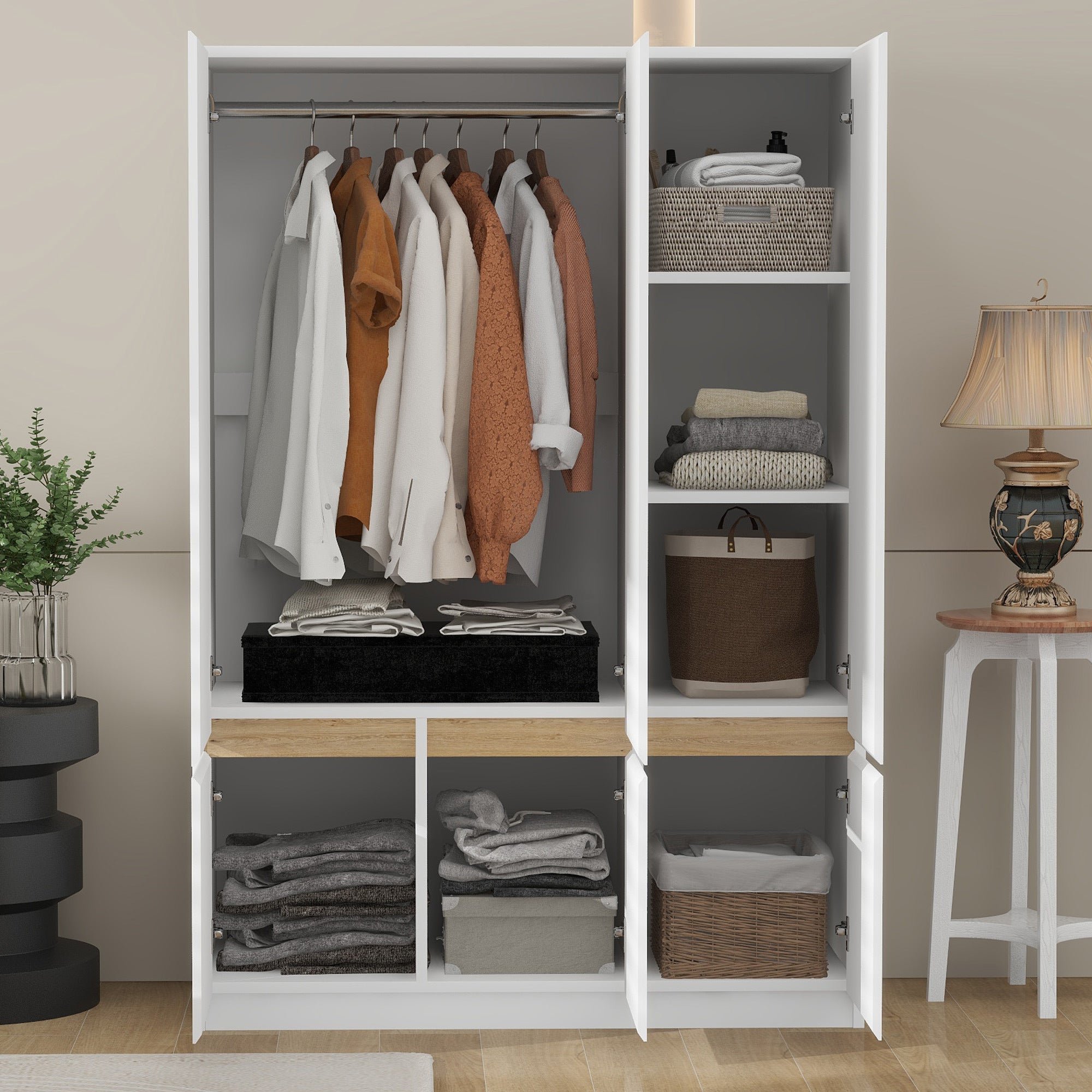 6-Doors Wooden Wardrobe Storage for Bedroom In White