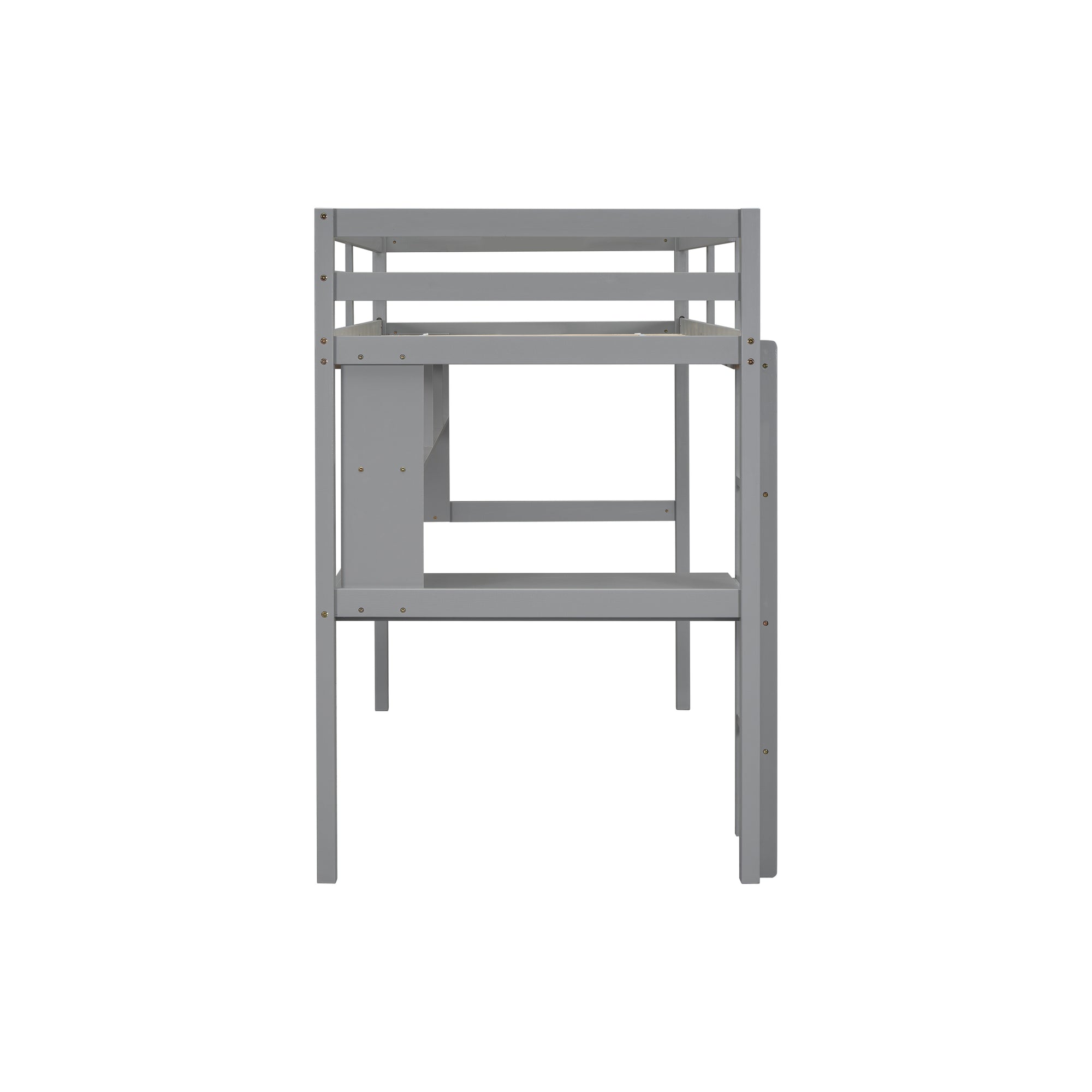 Gray Twin Loft Bed with Desk, Bookcase, and Safety Guardrail