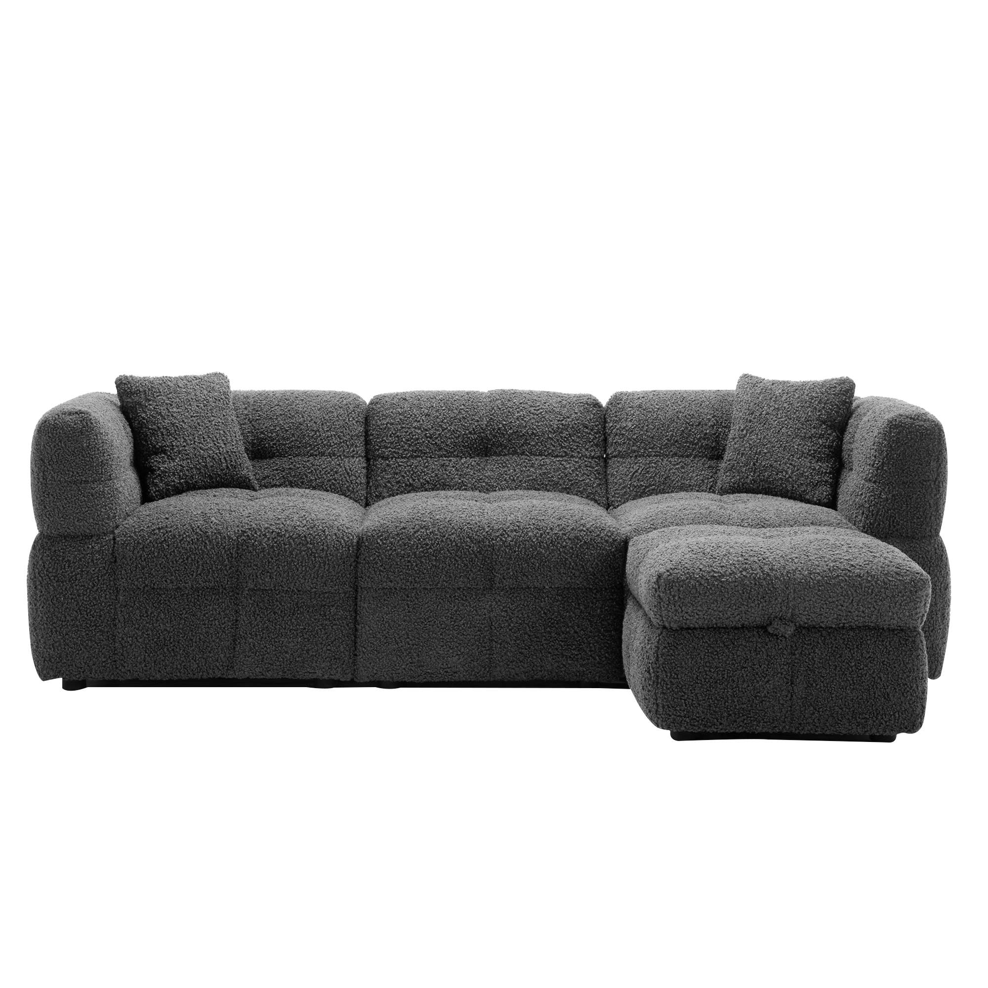 Gray Teddy Fleece Sectional Sofa with Multi-Functional Storage Ottoman