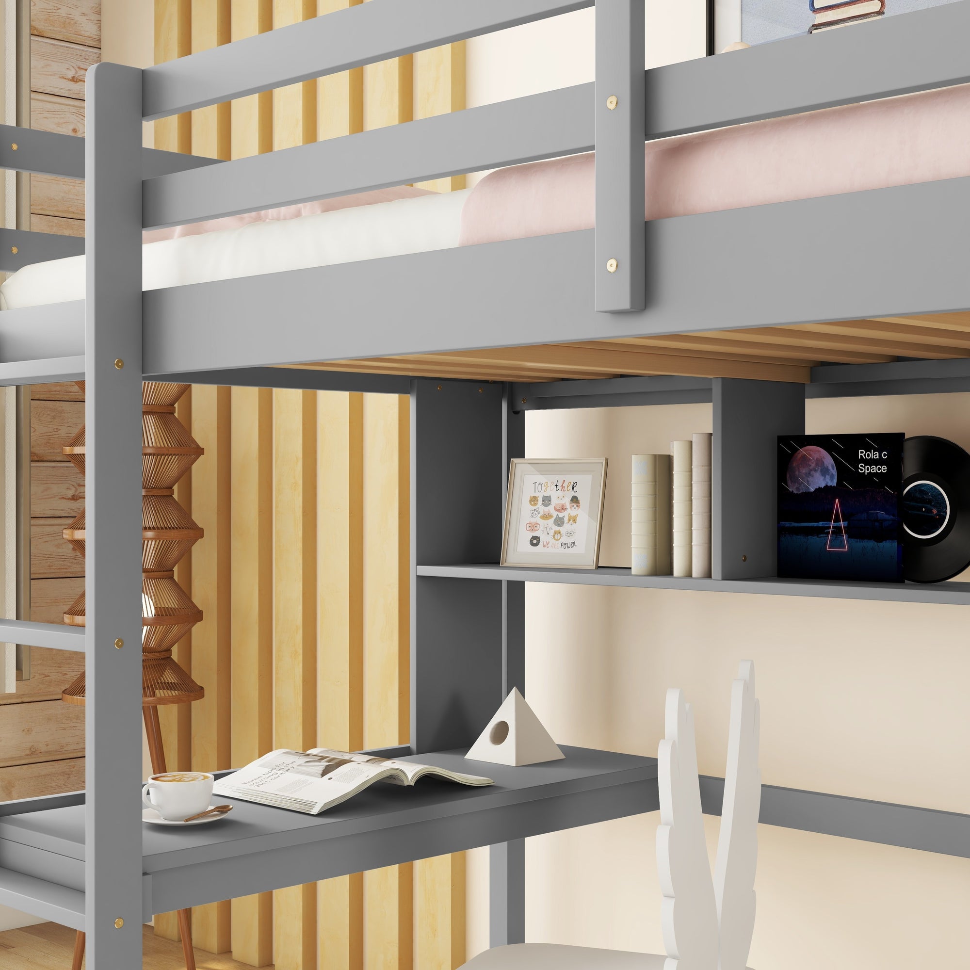 Gray Twin Loft Bed with Desk, Bookcase, and Safety Guardrail