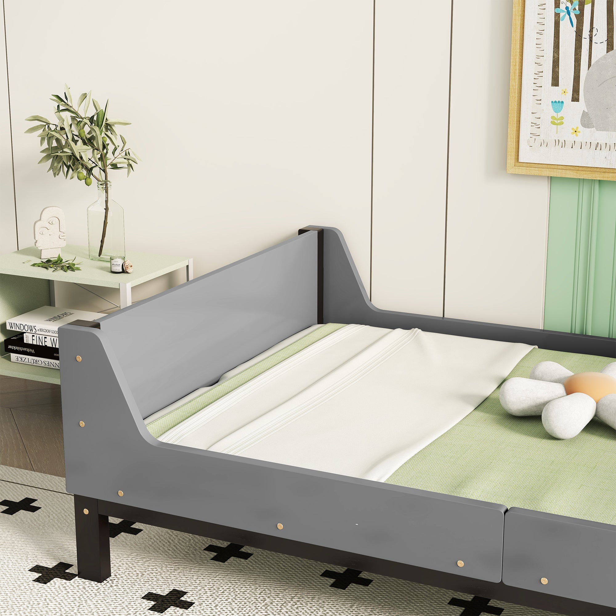 Gray Twin Bed with Headboard, Footboard, Safeguards, and Built-in Book Storage Rack