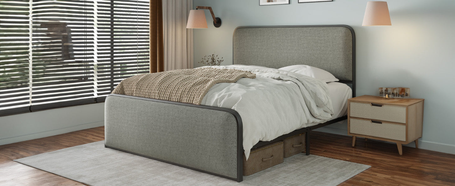 Gray Modern Full Metal Bed Frame with Fabric Headboard and Footboard