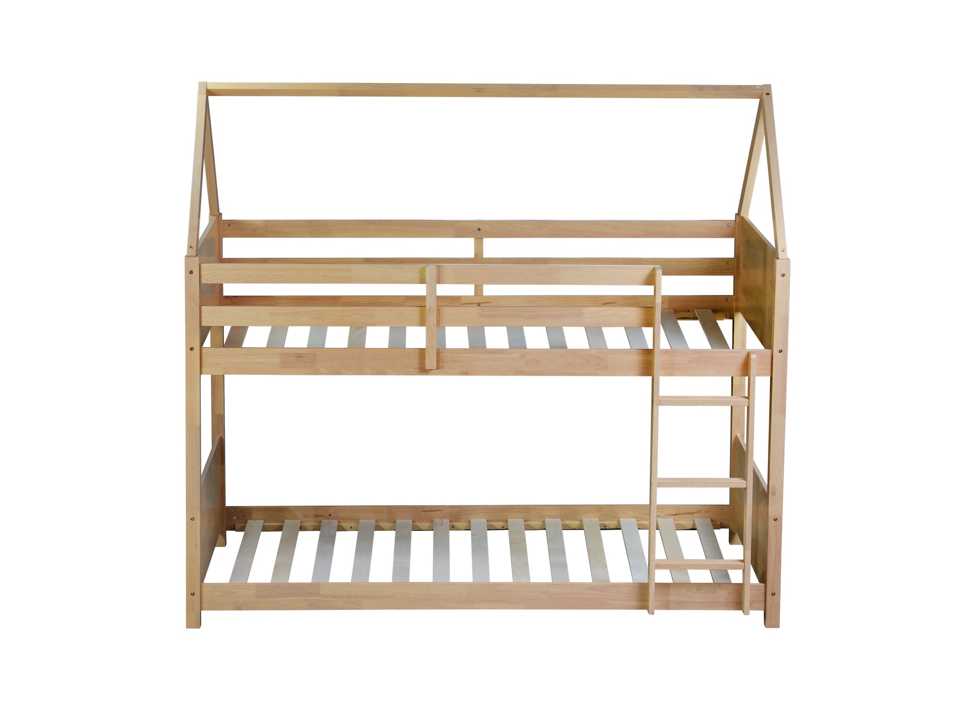 White Oak Twin Over Twin House Floor Bunk Bed with Headboards, Footboards, Guardrails, and Ladder