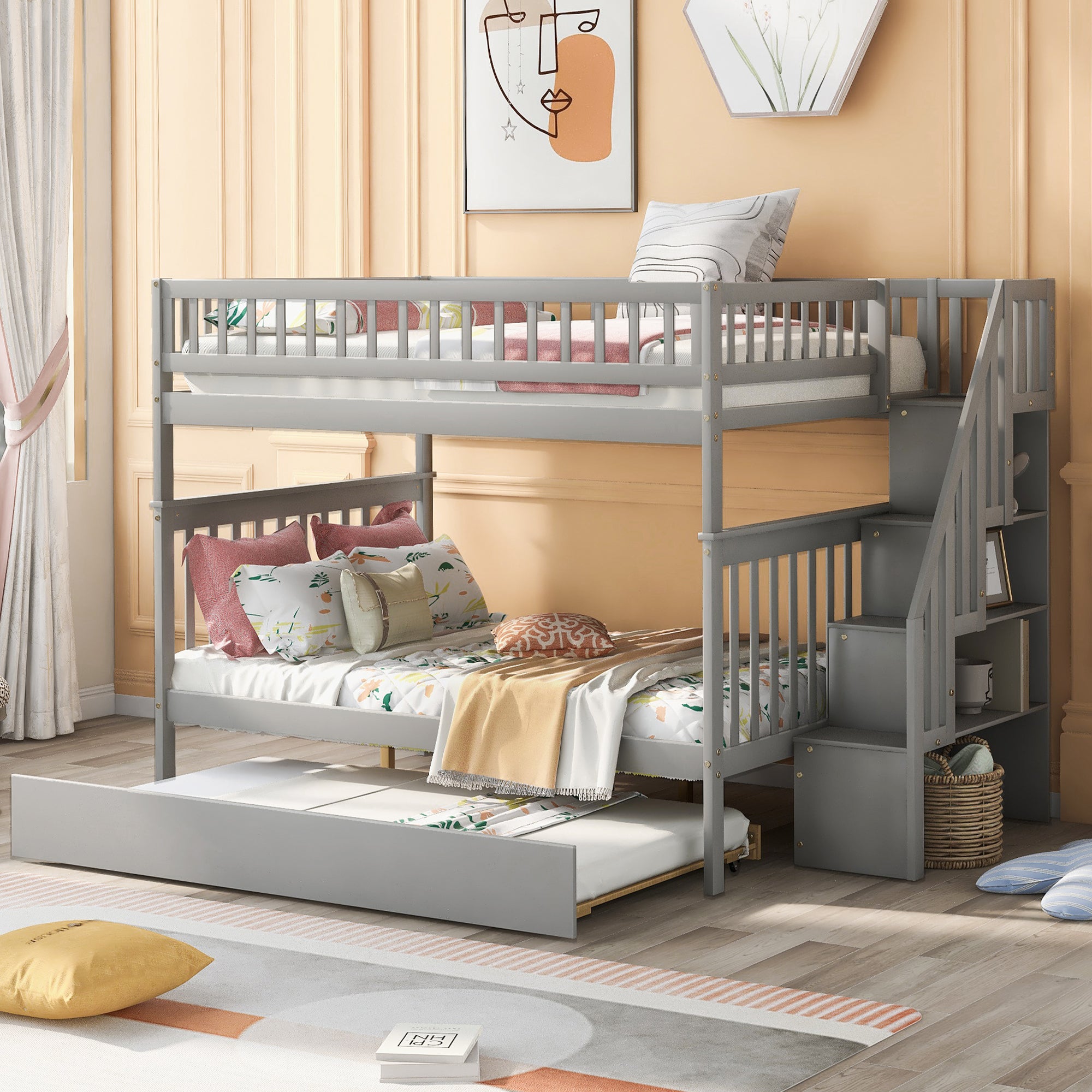 Full Over Full Bunk Bed with Trundle and Staircase In Gray