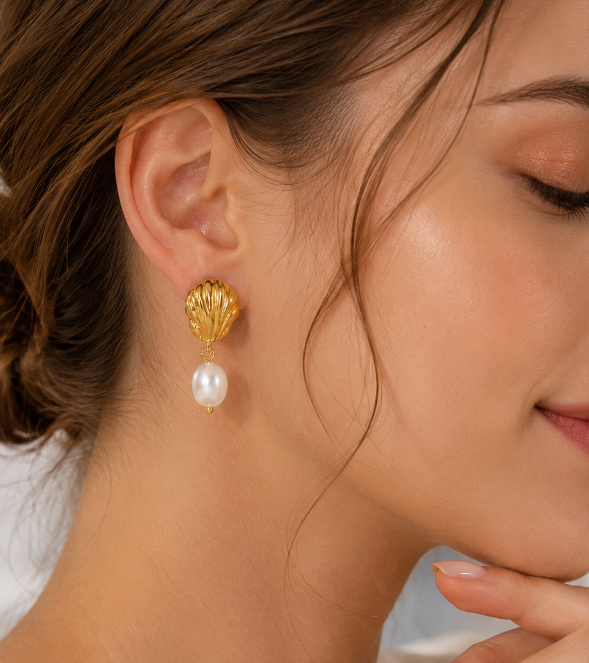 Dainty Sea Shell Pearl Earrings