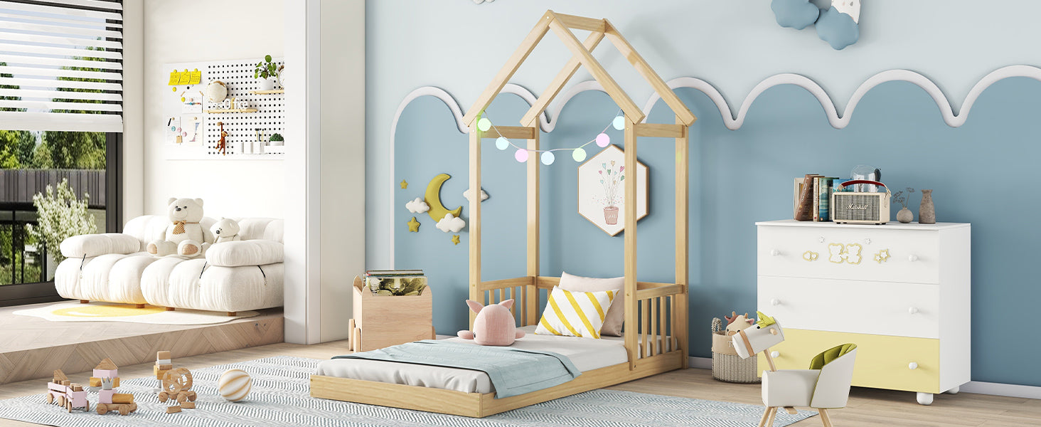 Natural Twin House-Shaped Roof Headboard Toddler Floor Bed