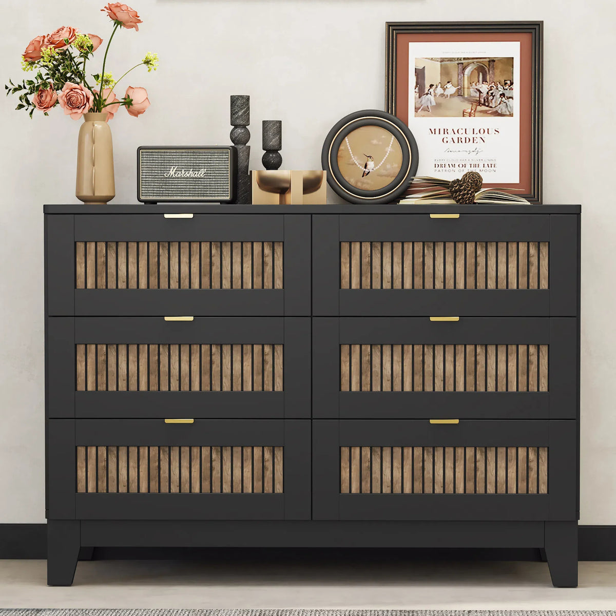 Rustic Farmhouse Style Wooden Dresser with 6 Drawers for Bedroom Storage with Metal Handles In Black