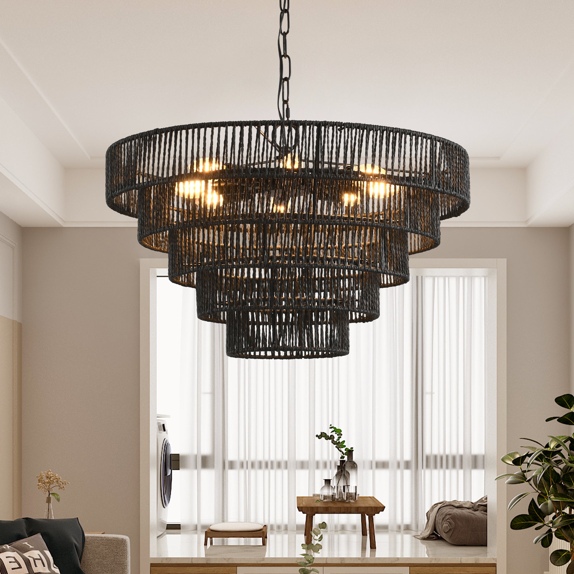 Handmade Rustic Black Hemp Rope Chandelier with 8 E12 Socket