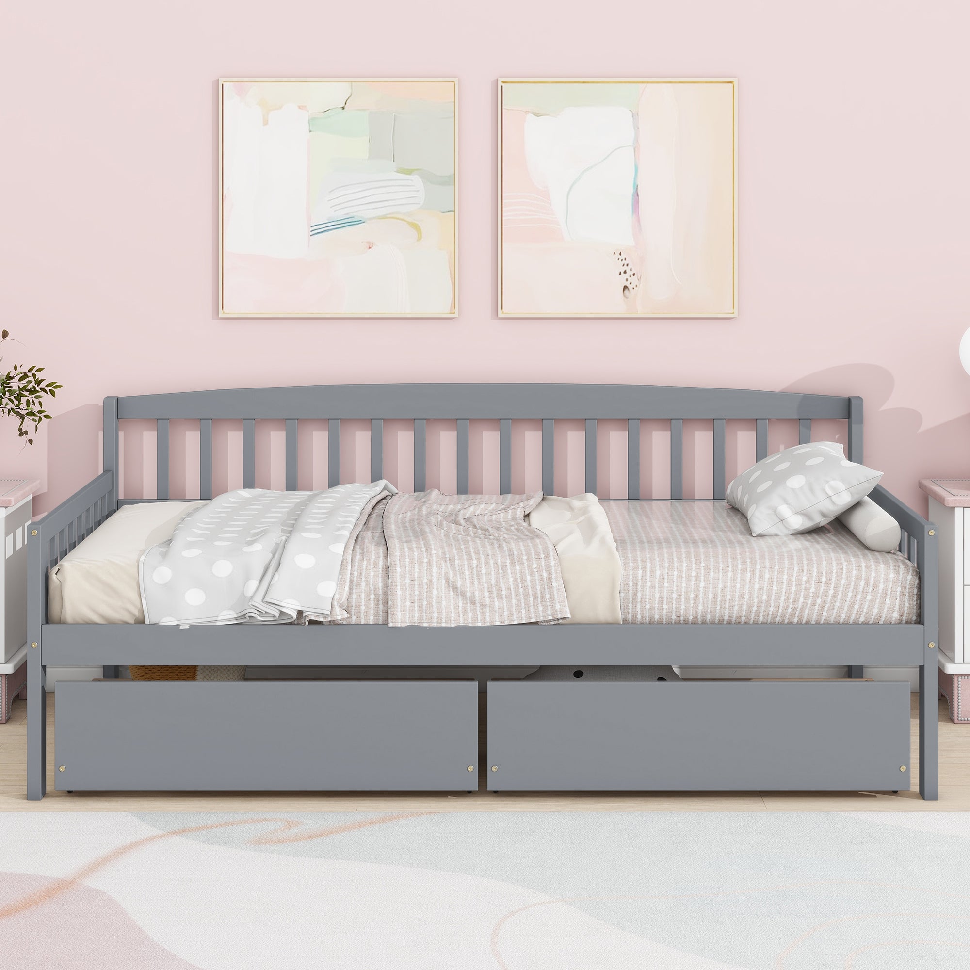 Gray Twin-Size Pine Wood Daybed with Storage Drawers, Sofa Bed Design