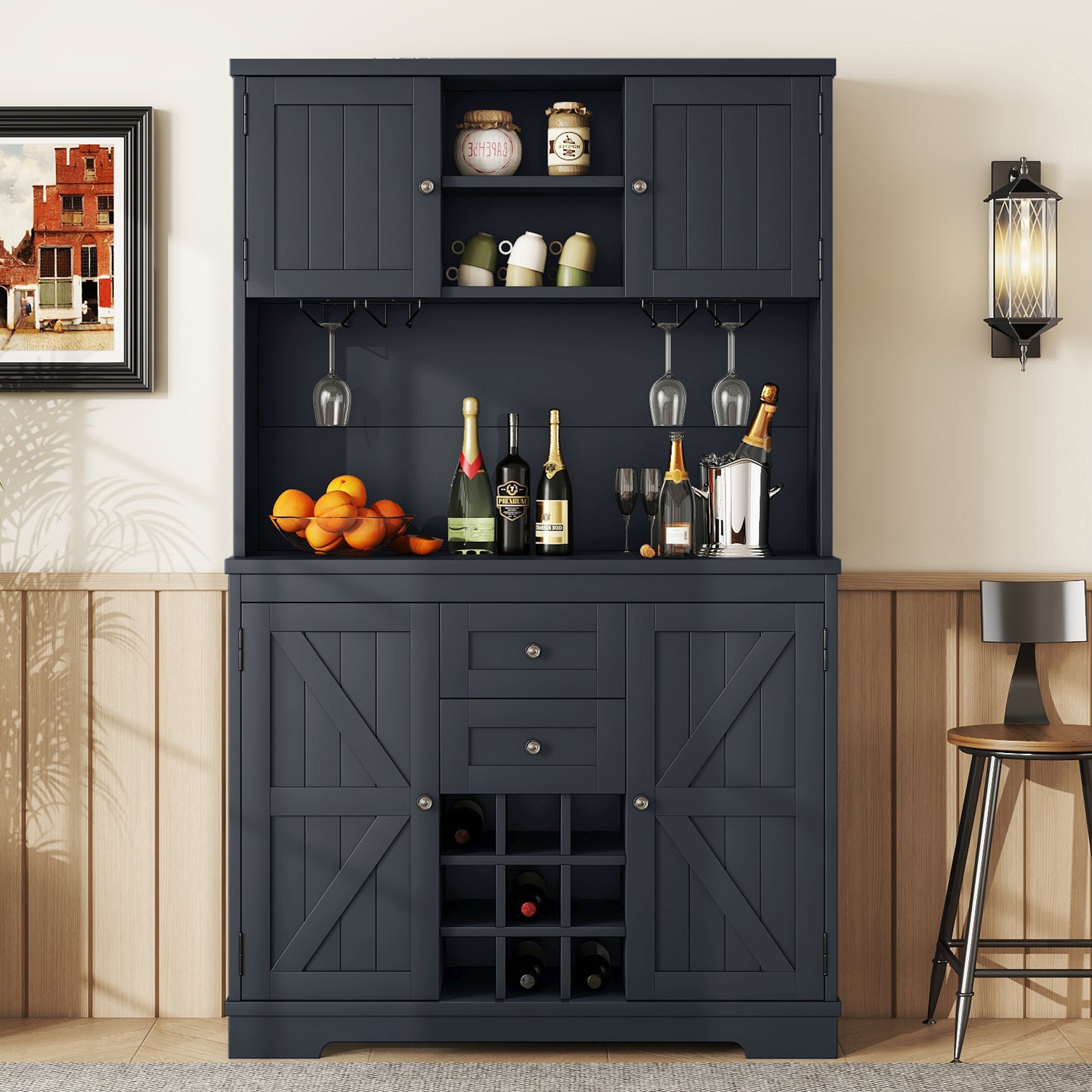 Coffee Bar Cabinet Kitchen Cabinet with Storage and Drawers Buffet Cabinet with Wine and Glass Racks In Dark Blue