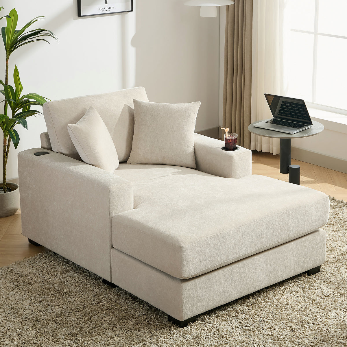 Cream Chenille Oversized Chaise Lounger With Built-In Charge Station &amp; Cup Holders